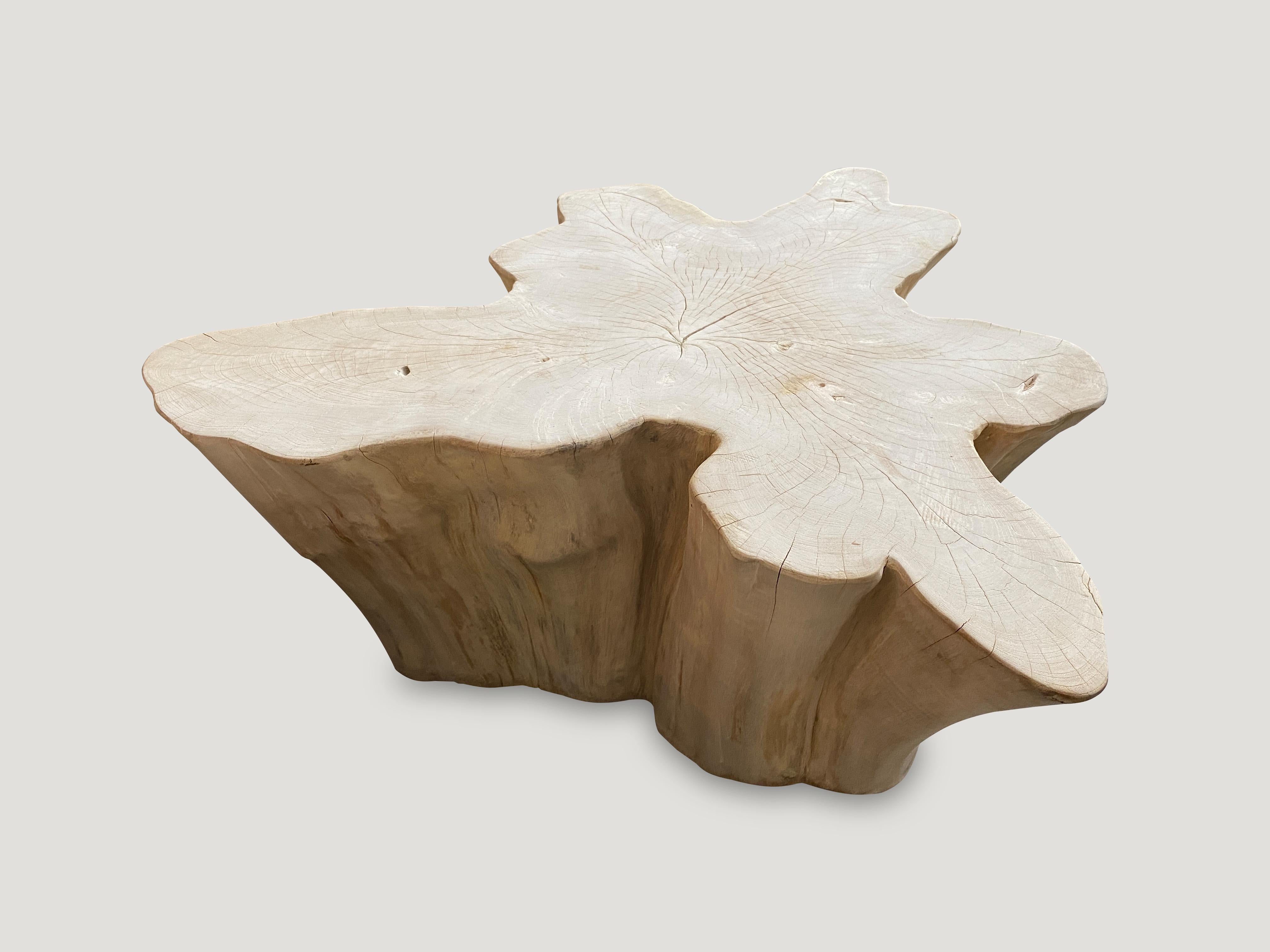 Reclaimed bleached teak with a light white wash, amorphous coffee table. A slight graduation from the bottom to the top. 

The St. Barts Collection features an exciting new line of organic white wash, bleached and natural weathered teak furniture.