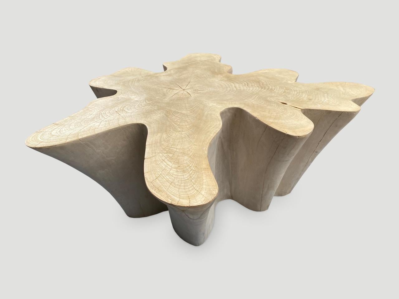 Impressive reclaimed bleached teak amorphous coffee table. A slight graduation from the bottom to the top. 

The St. Barts Collection features an exciting new line of organic white wash, bleached and natural weathered teak furniture. The reclaimed