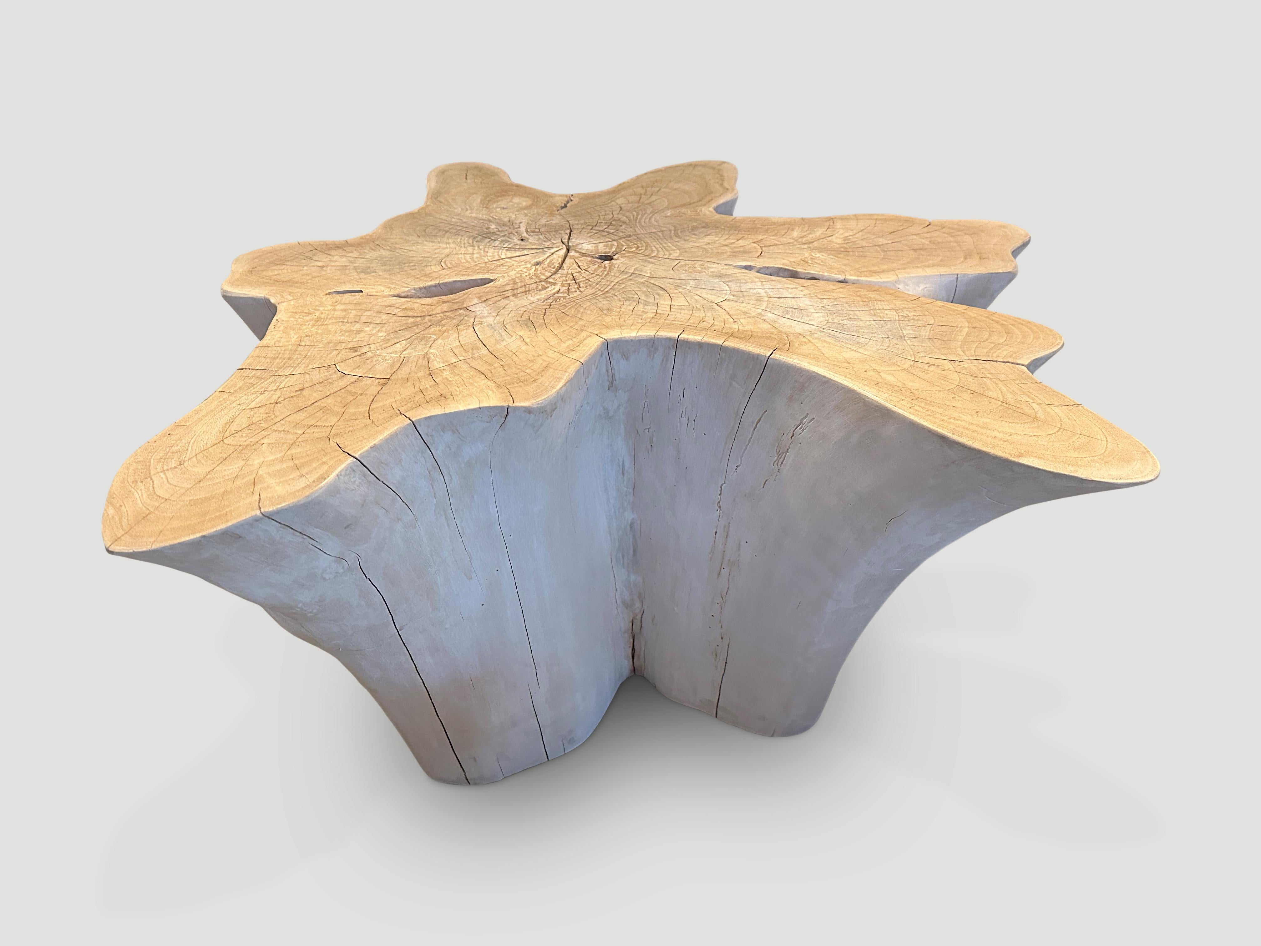Impressive reclaimed bleached teak amorphous coffee table. A slight graduation from the bottom to the top. We have added a polish to the top for a slight bone contrast and protection. 

The St. Barts Collection features an exciting new line of