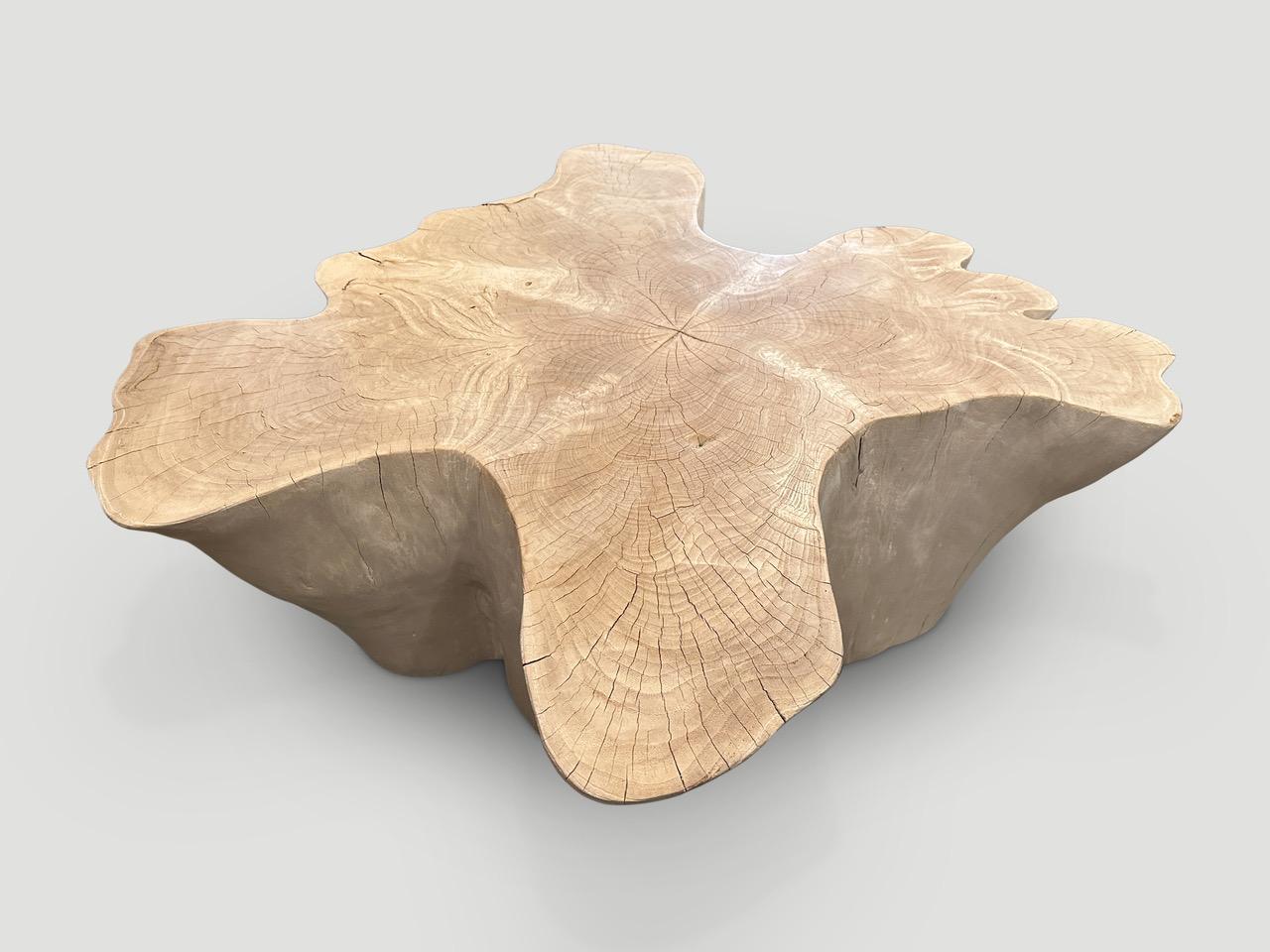 Impressive reclaimed bleached teak amorphous coffee table. A slight graduation from the bottom to the top. We have added a polish to the top for a slight bone contrast and protection. 

The St. Barts Collection features an exciting line of organic
