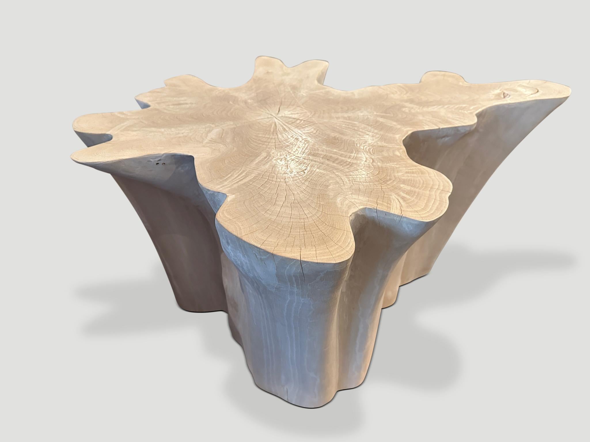 Impressive reclaimed bleached teak amorphous coffee table. A slight graduation from the bottom to the top. We have added a polish to the top for a slight bone contrast and protection revealing the beautiful wood grain.

The St. Barts Collection