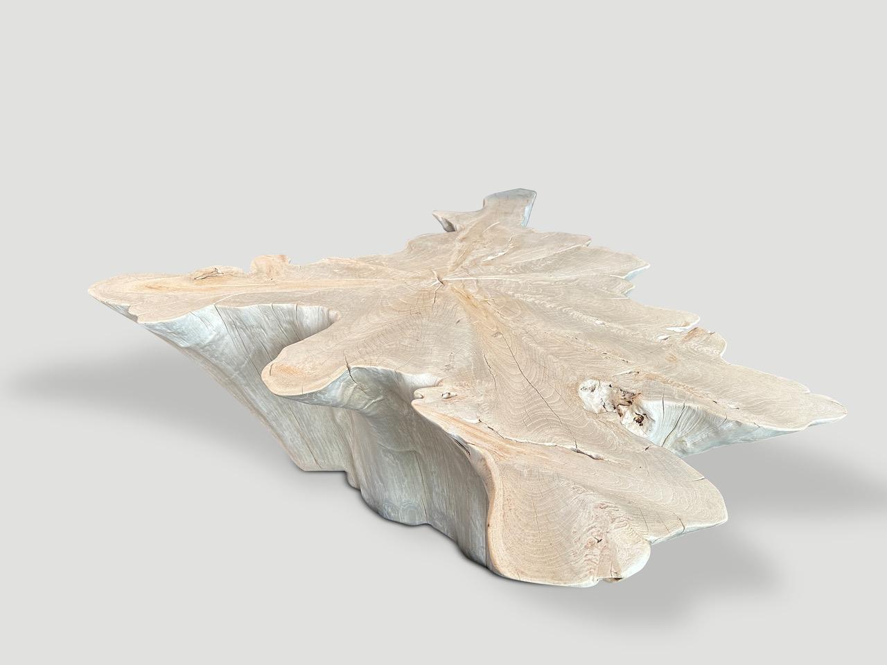 Impressionnante table basse en teck blanchi récupéré. Une graduation du bas vers le haut. Nous avons ajouté un polish sur le dessus pour un léger contraste osseux et une protection révélant le magnifique grain du bois. Tout est dans les détails.

La
