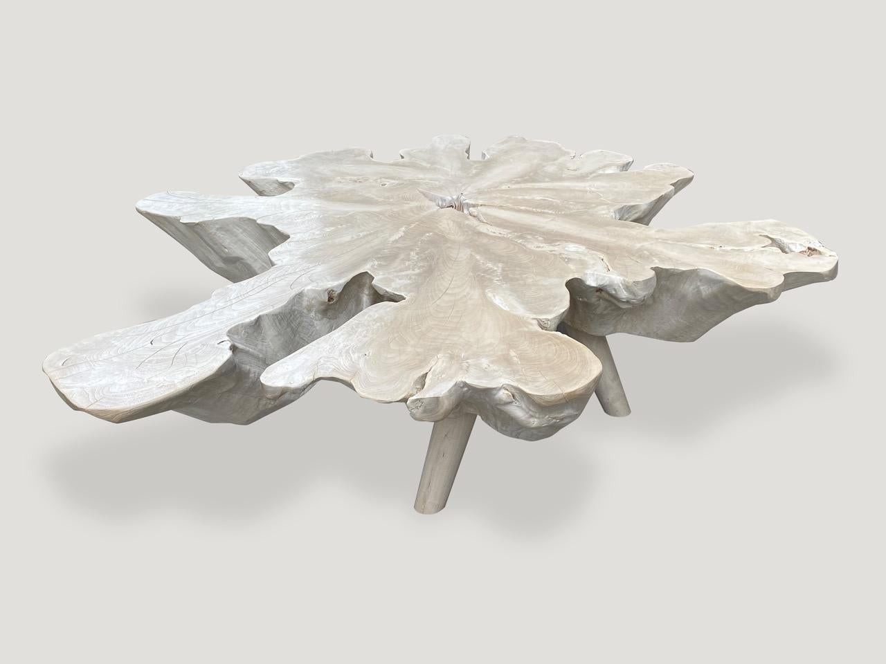 Impressive eight inch single slab reclaimed teak wood coffee table. We bleached the teak and added a shellack to the top for protection. Floating on mid century style legs. Organic with a twist. 

The St. Barts Collection features an exciting new