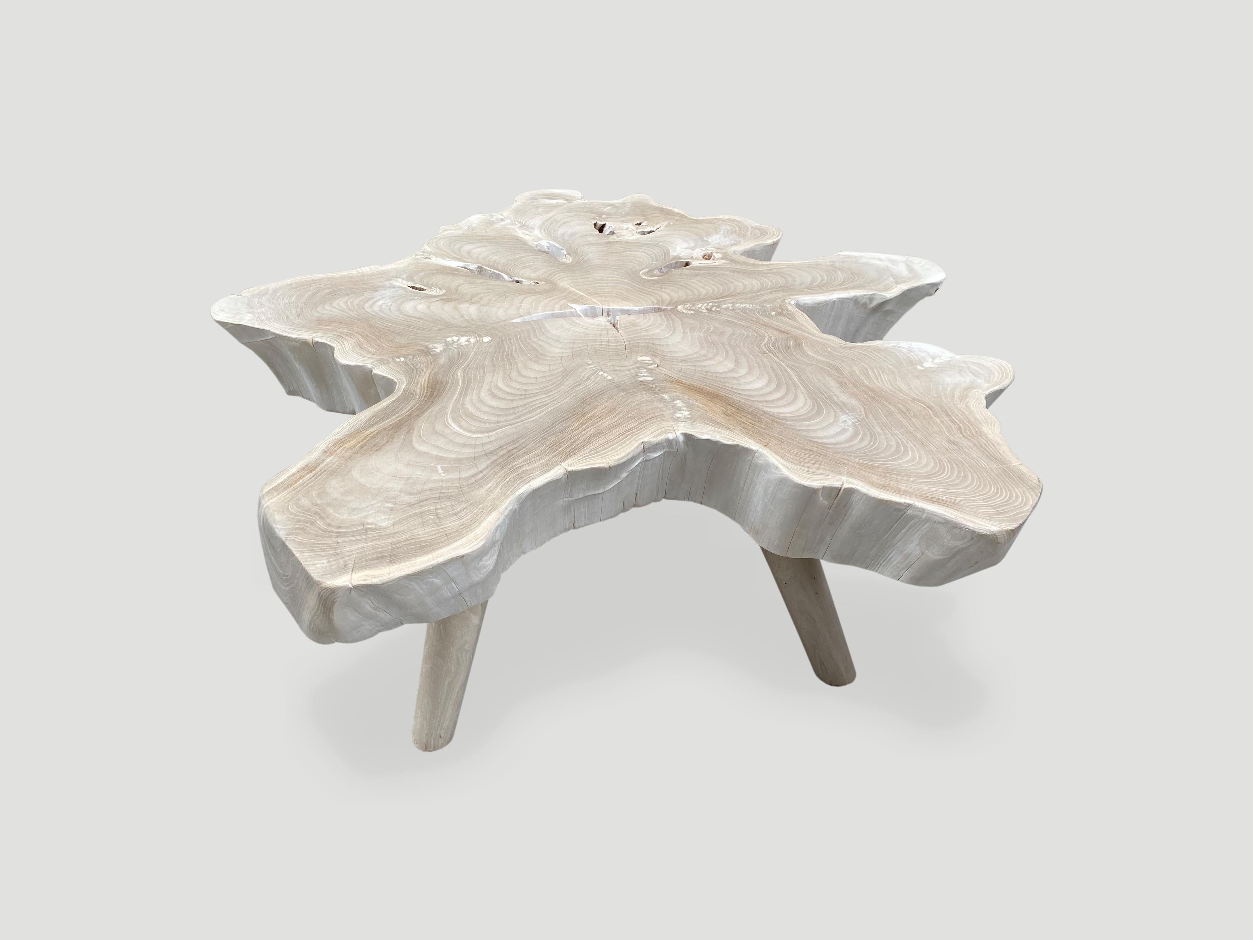 Impressive five inch single slab reclaimed teak wood coffee table. We bleached the teak and added a shellack to the top for protection. Floating on mid century style legs. Organic with a twist. 

The St. Barts Collection features an exciting new