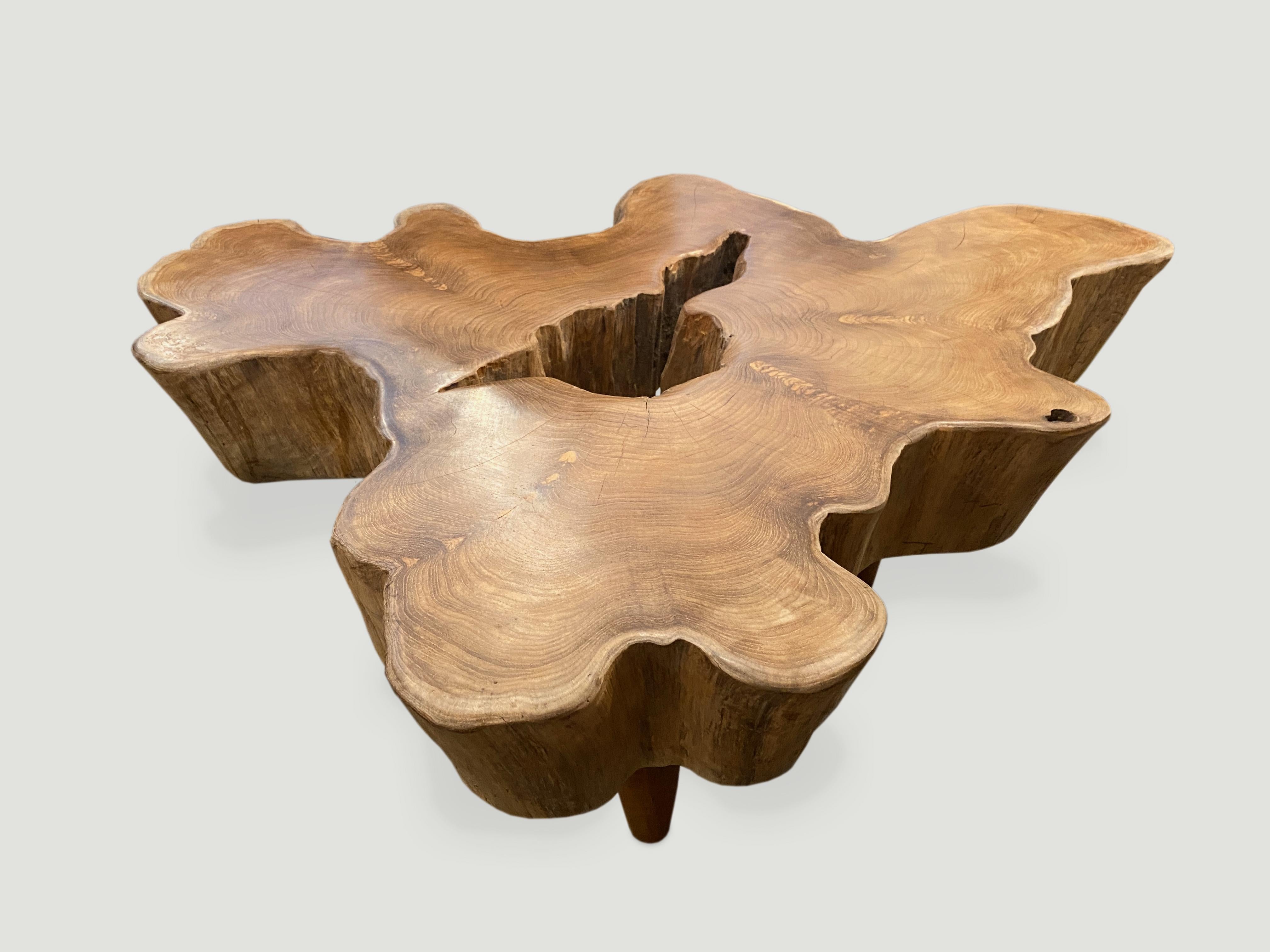 Reclaimed teak wood coffee table with a natural oil finish on the top and the sides left raw. Impressive single 6” slab top floating on midcentury style legs. Organic with a twist.

Andrianna Shamaris. The Leader In Modern Organic Design.