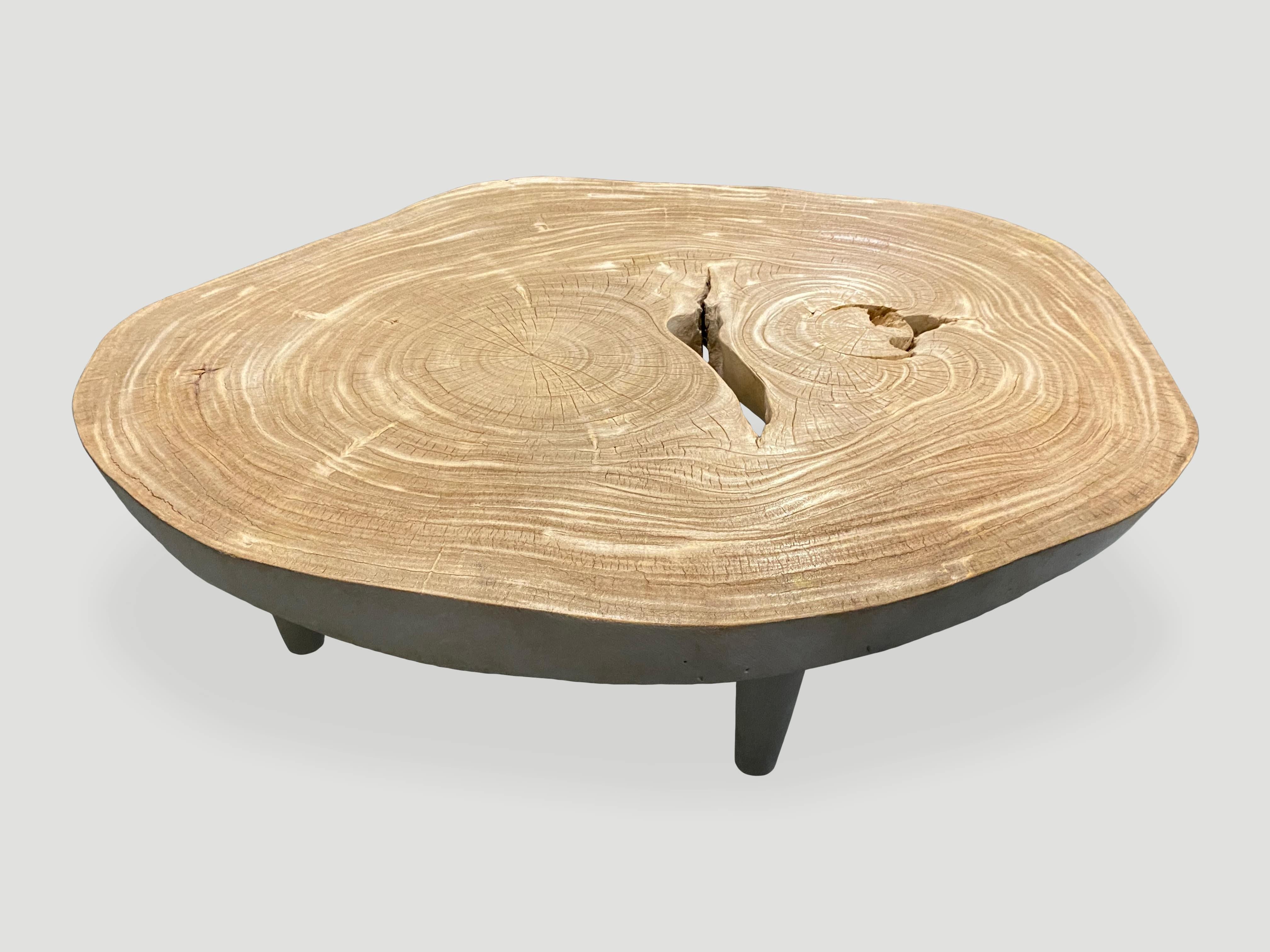 Impressive single slab coffee table, set on cone shaped mid century style legs. The wood is unknown though indigenous to Indonesia. We love the natural way it ‘crackles’ after we applied the bleach to the wood and left in the sun to turn this