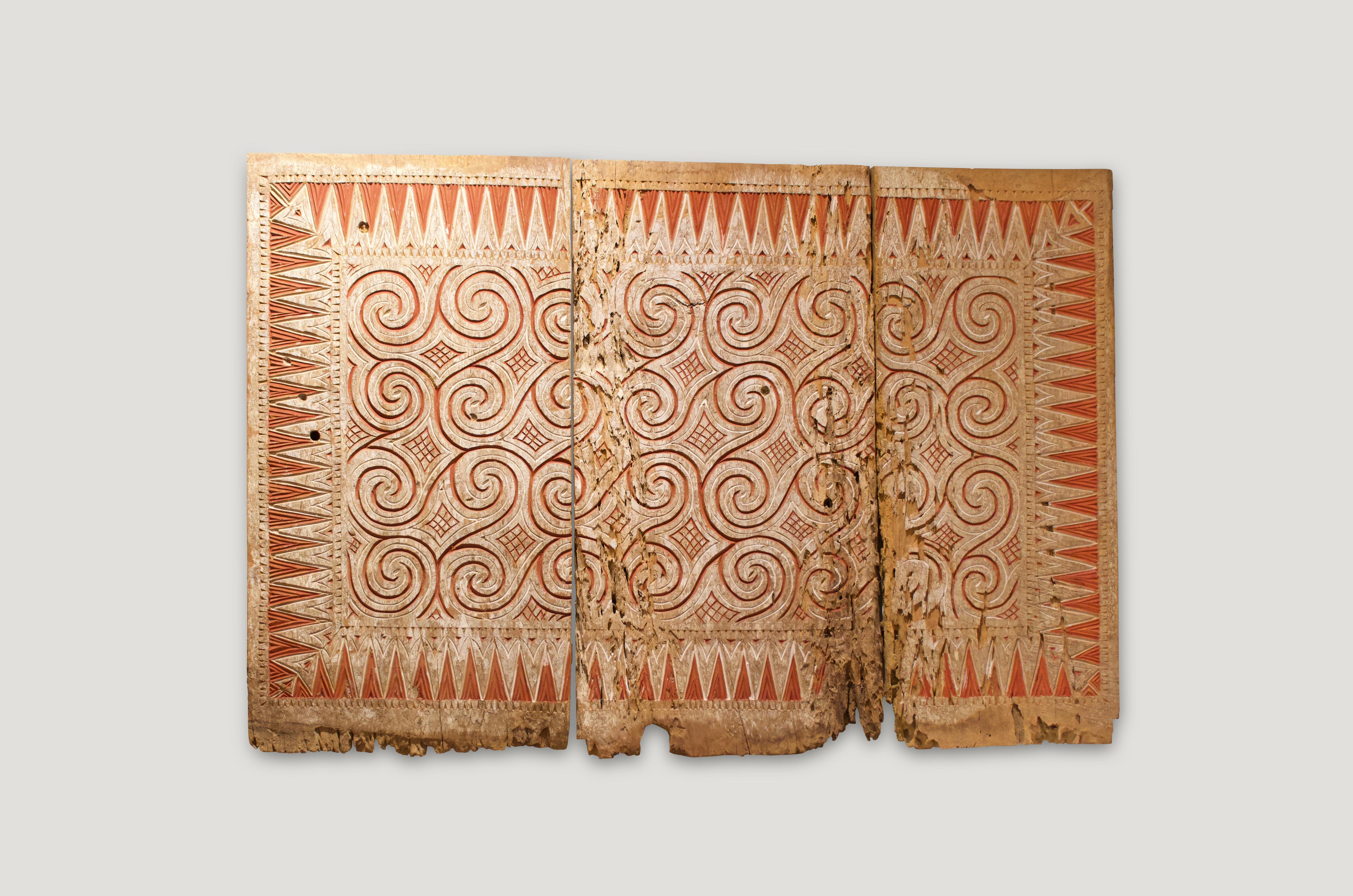 Primitive Andrianna Shamaris Ancient Hand Carved Panel Symbolizing Peace and Happiness
