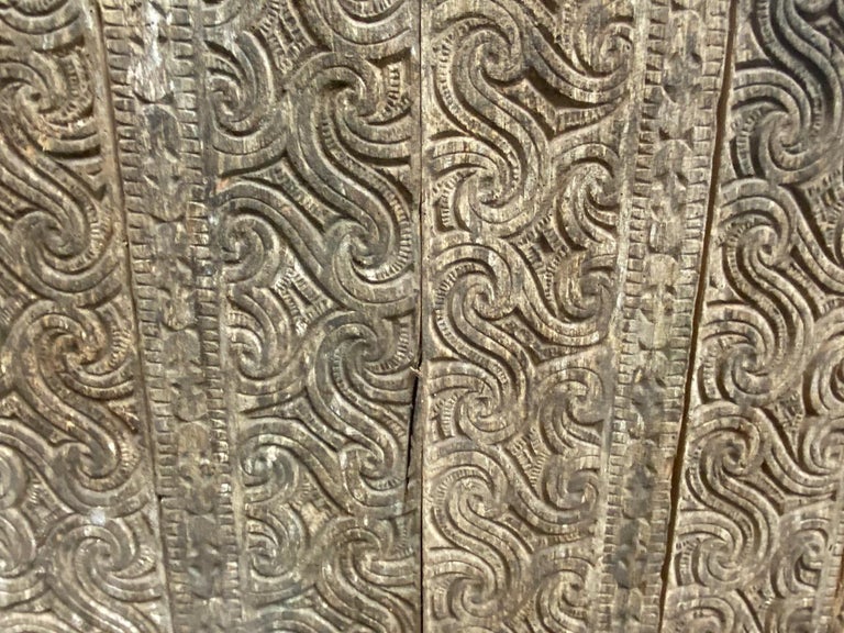 Ancient hand carved architectural panel from Toraja. This intricate carving symbolizes prosperity. Originally used as an exterior panel.

This ancient hand carved panel was sourced in the spirit of wabi-sabi, a Japanese philosophy that beauty can
