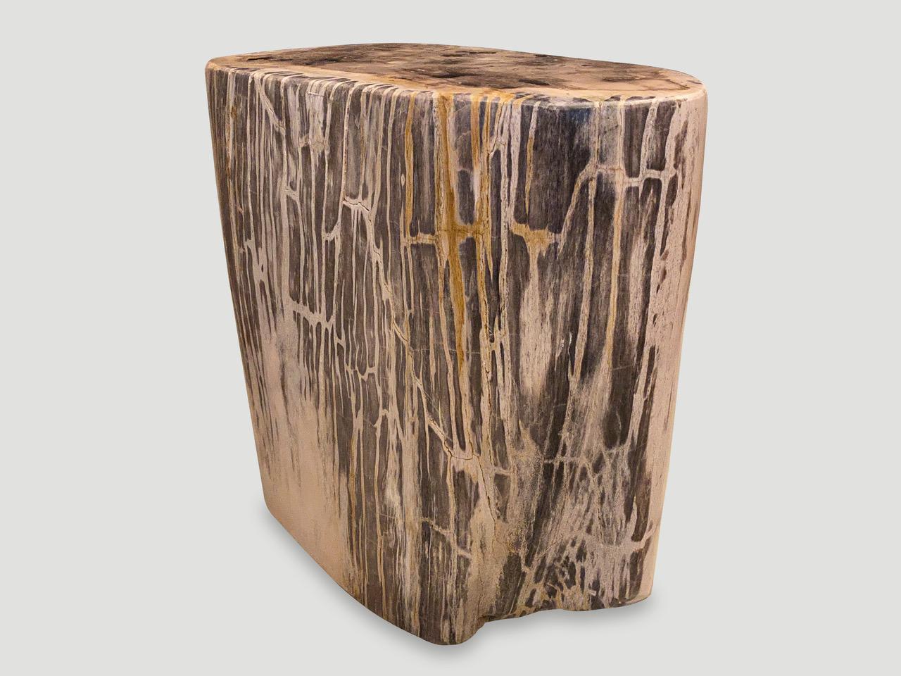 Impressive beautiful grey tones and markings on this high quality petrified wood side table. It’s fascinating how Mother Nature produces these exquisite 40 million year old petrified teak logs with such contrasting colors and natural patterns
