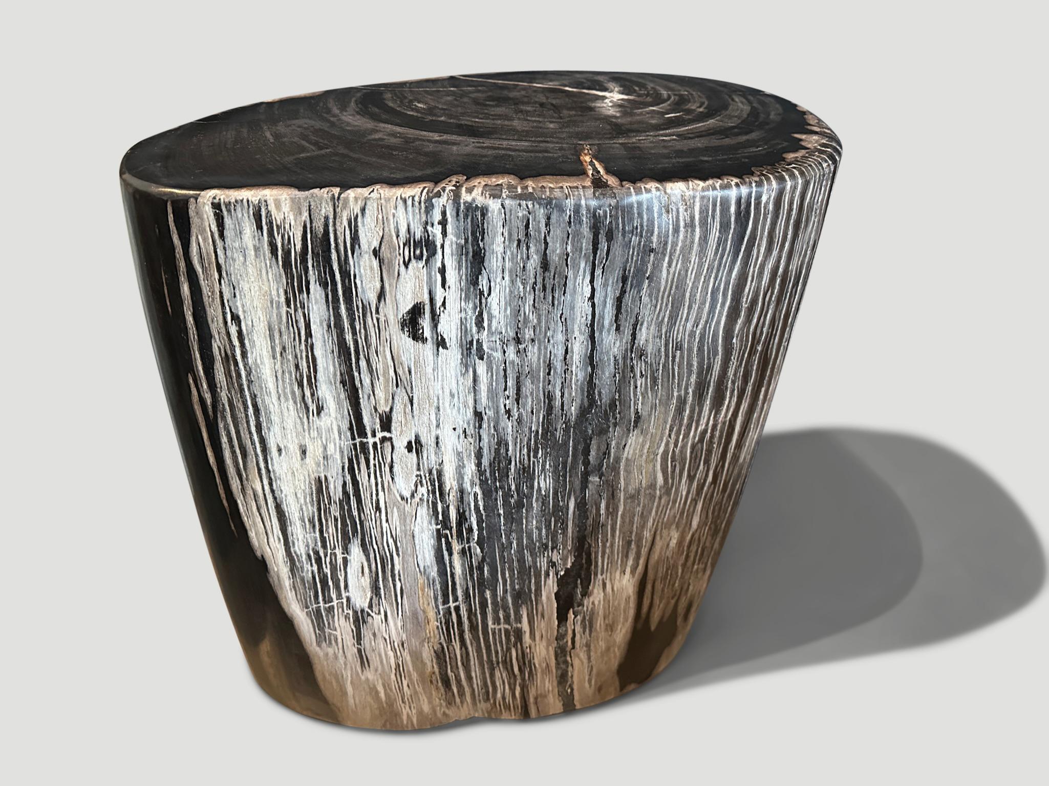 Impressive beautiful contrasting markings on this large high quality ancient petrified wood side table. It’s fascinating how Mother Nature produces these stunning 40 million year old petrified teak logs with such contrasting colors and natural