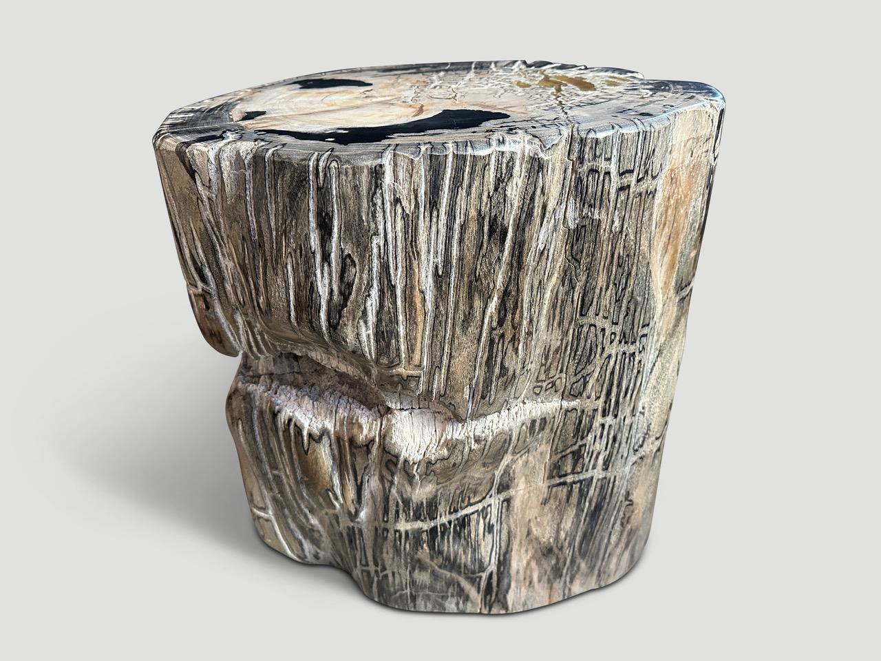 Beautiful contrasting tones and textures on this ancient petrified wood side table. Rare. It’s fascinating how Mother Nature produces these exquisite 40 million year old petrified teak logs with such contrasting colors and natural patterns