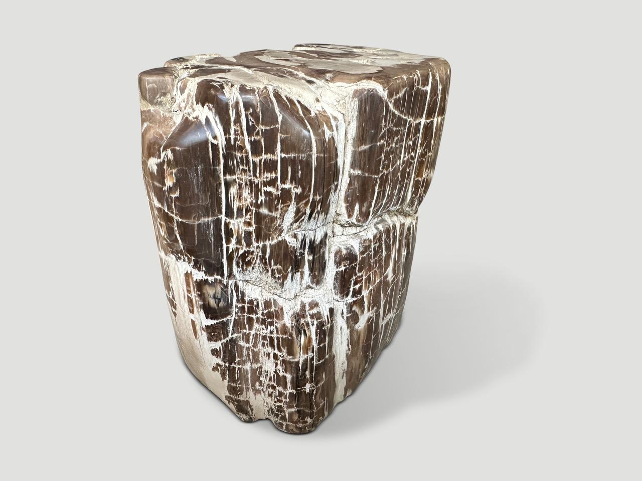 Precioso contraste de tonos y texturas en esta mesa auxiliar de madera petrificada antigua. Es fascinante cómo la Mother Nature produce estos exquisitos troncos de teca petrificada de 40 millones de años de antigüedad, con colores tan contrastados y