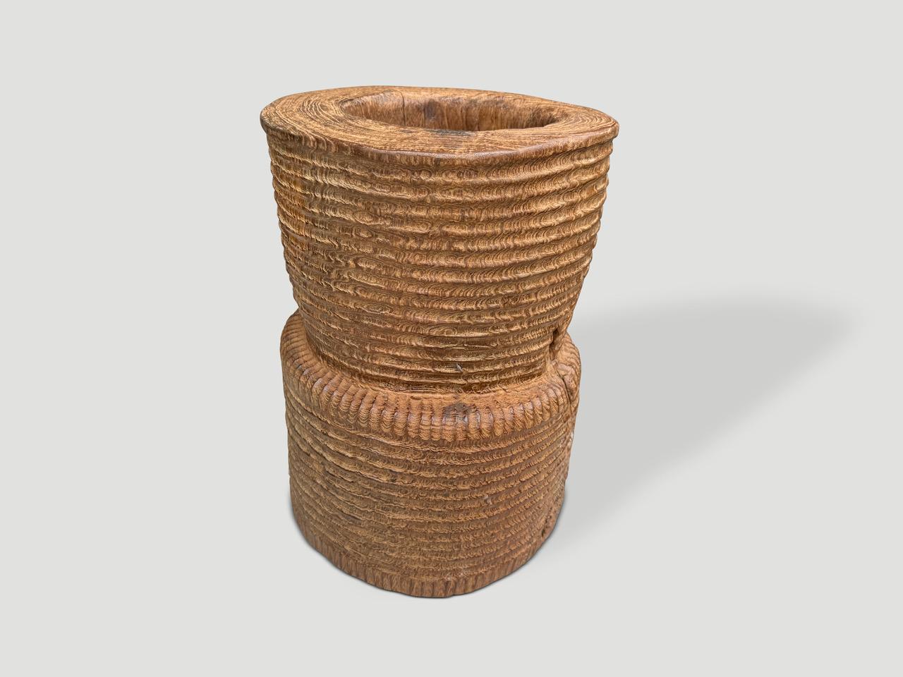 Andrianna Shamaris Ancient Teak Wood Side Table or Mortar In Excellent Condition For Sale In New York, NY