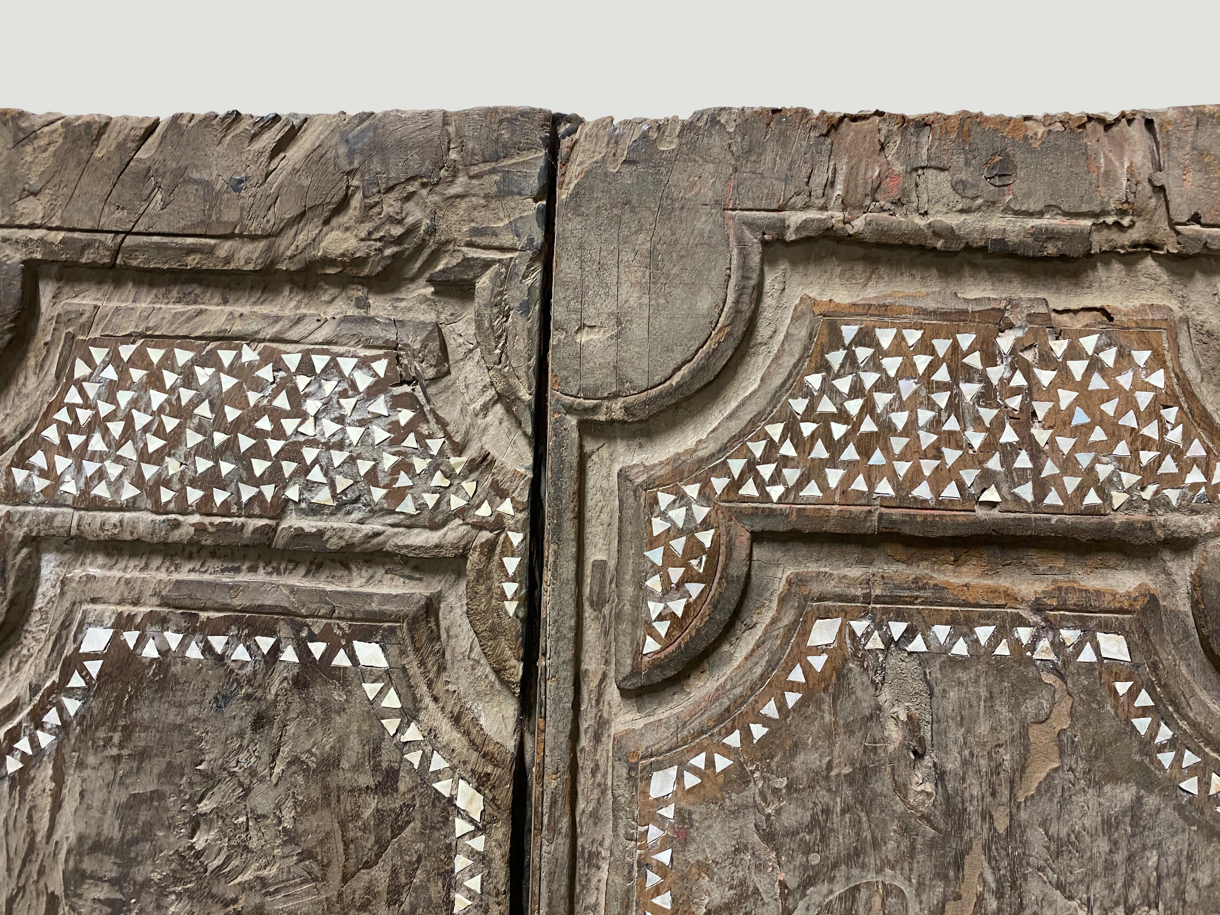Primitive Andrianna Shamaris Ancient Teak Wood Temple Door with Shell Inlay