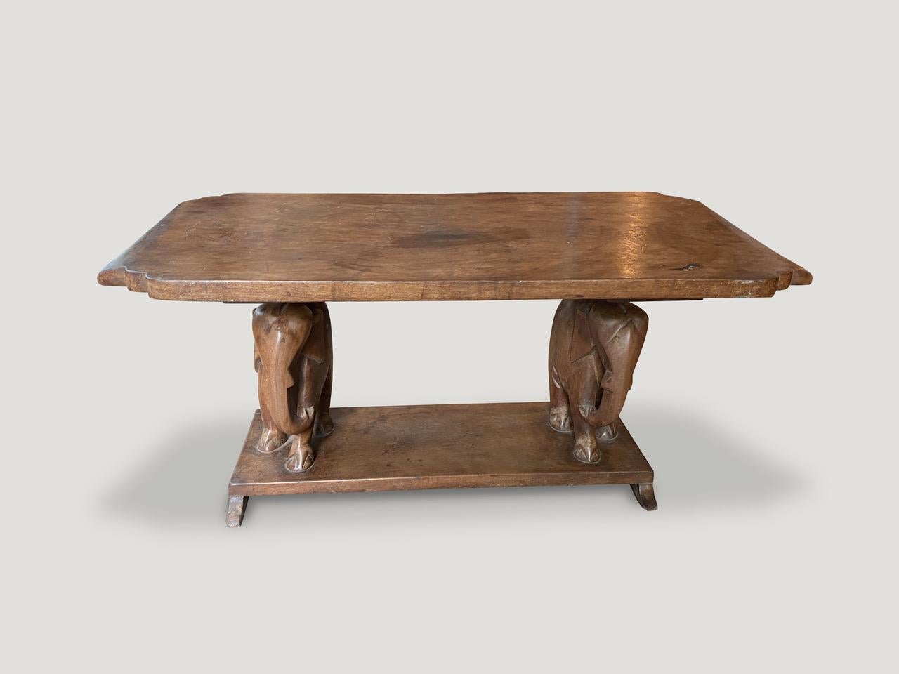 Whimsical coffee table from West Africa. Handmade from a single carved mahogany wood top with a hand carved elephant base.

This coffee table was sourced in the spirit of wabi-sabi, a Japanese philosophy that beauty can be found in imperfection