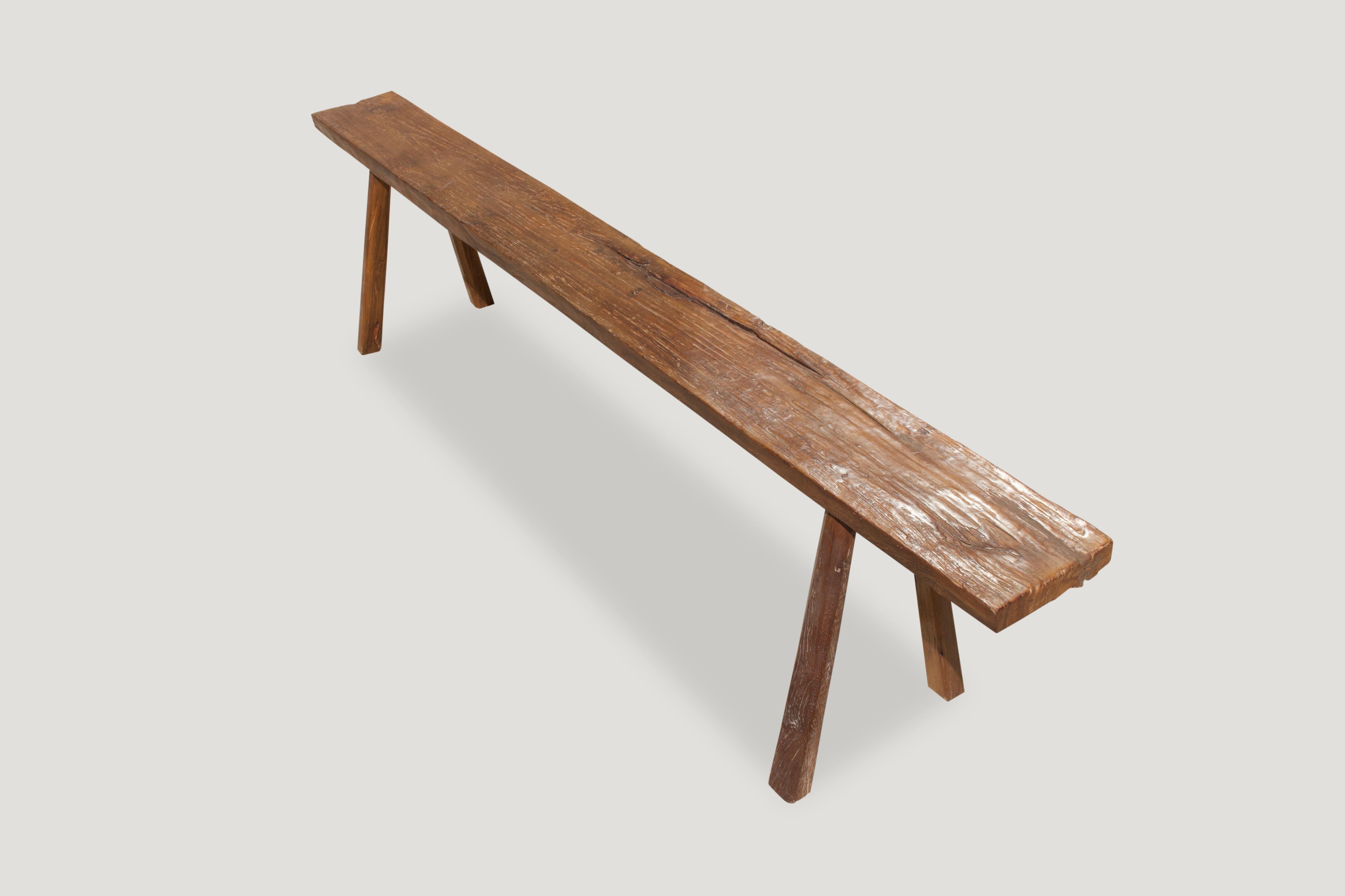 Wabi Sabi teak wood bench. Perfect for inside or outside living.

This bench was sourced in the spirit of wabi-sabi, a Japanese philosophy that beauty can be found in imperfection and impermanence. It’s a beauty of things modest and humble. It’s a