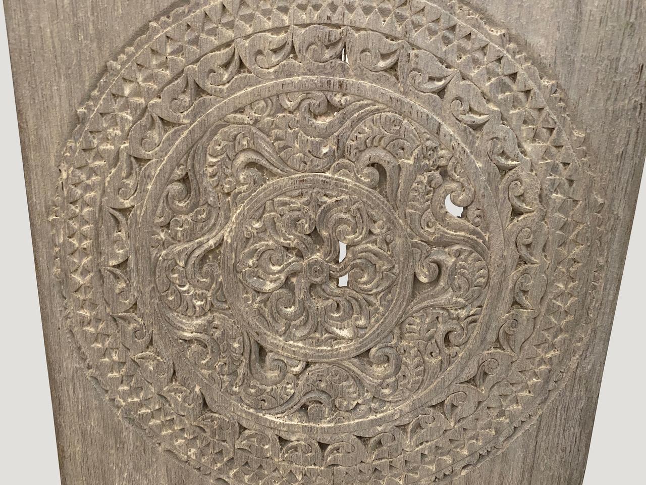 Antique hand carved merbau wood panel from Lampung, Sumatra. We have a collection in various sizes. Please inquire. The size and price reflect the one shown. Stunning on both sides.

This panel was sourced in the spirit of wabi sabi, a Japanese