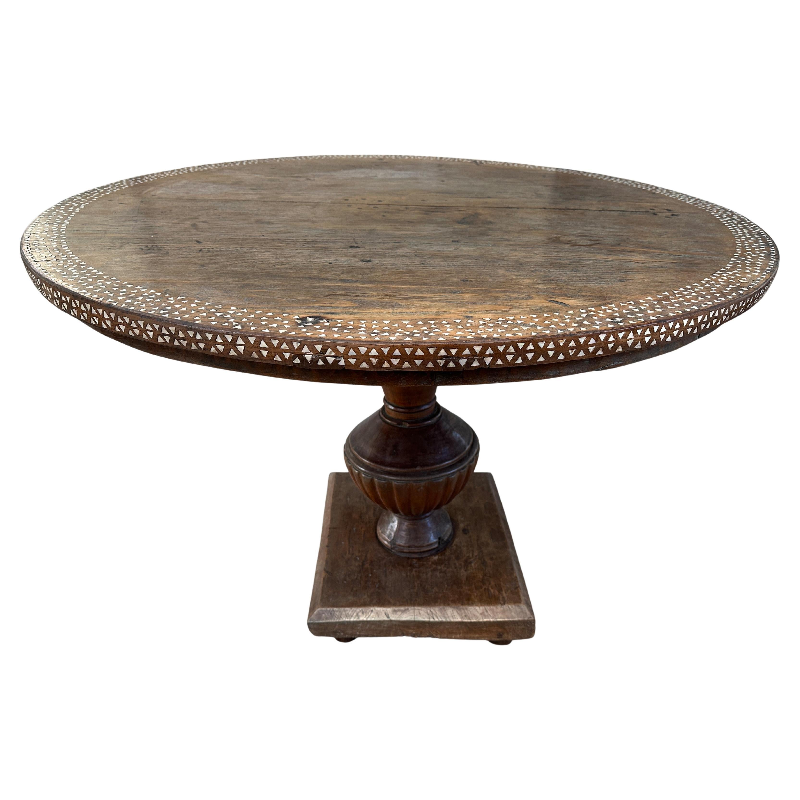 Andrianna Shamaris Antique Colonial Teak Wood Round Table with Shell Inlay