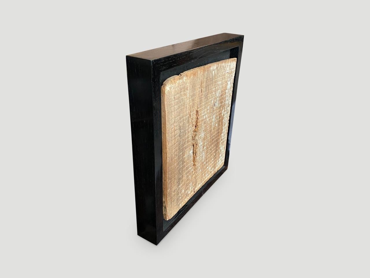 Antike handgeschnitzte Architekturtafel aus dem Toraja-Land. Diese Schnitzerei symbolisiert den Schutz des Hauses. Ursprünglich als Außenverkleidung verwendet. Gerahmt in einer minimalistischen Schattenbox aus schwarzem Teakholz. Großartiges