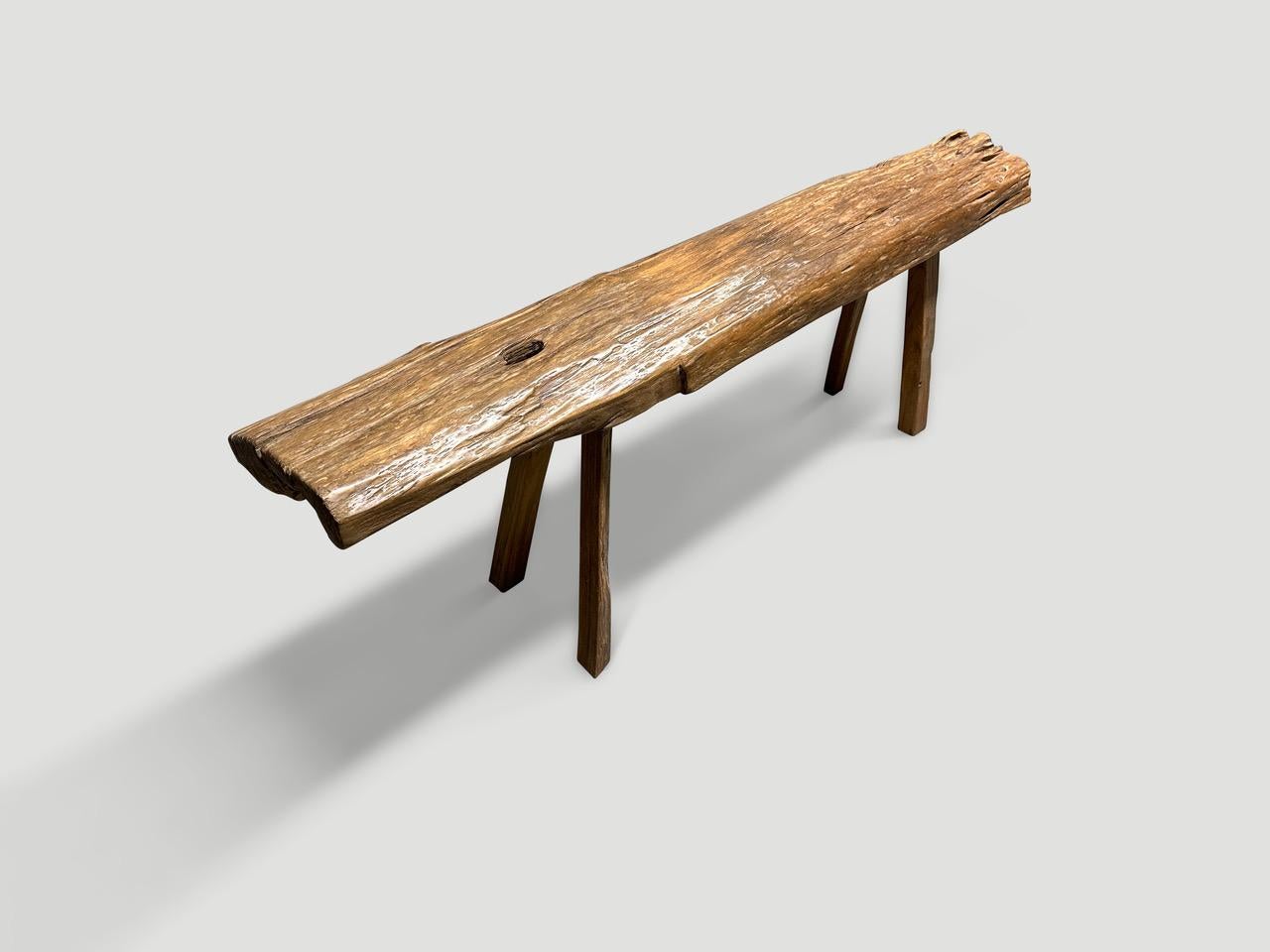 Organic Modern Andrianna Shamaris Antique Log Style Teak Wood Bench For Sale