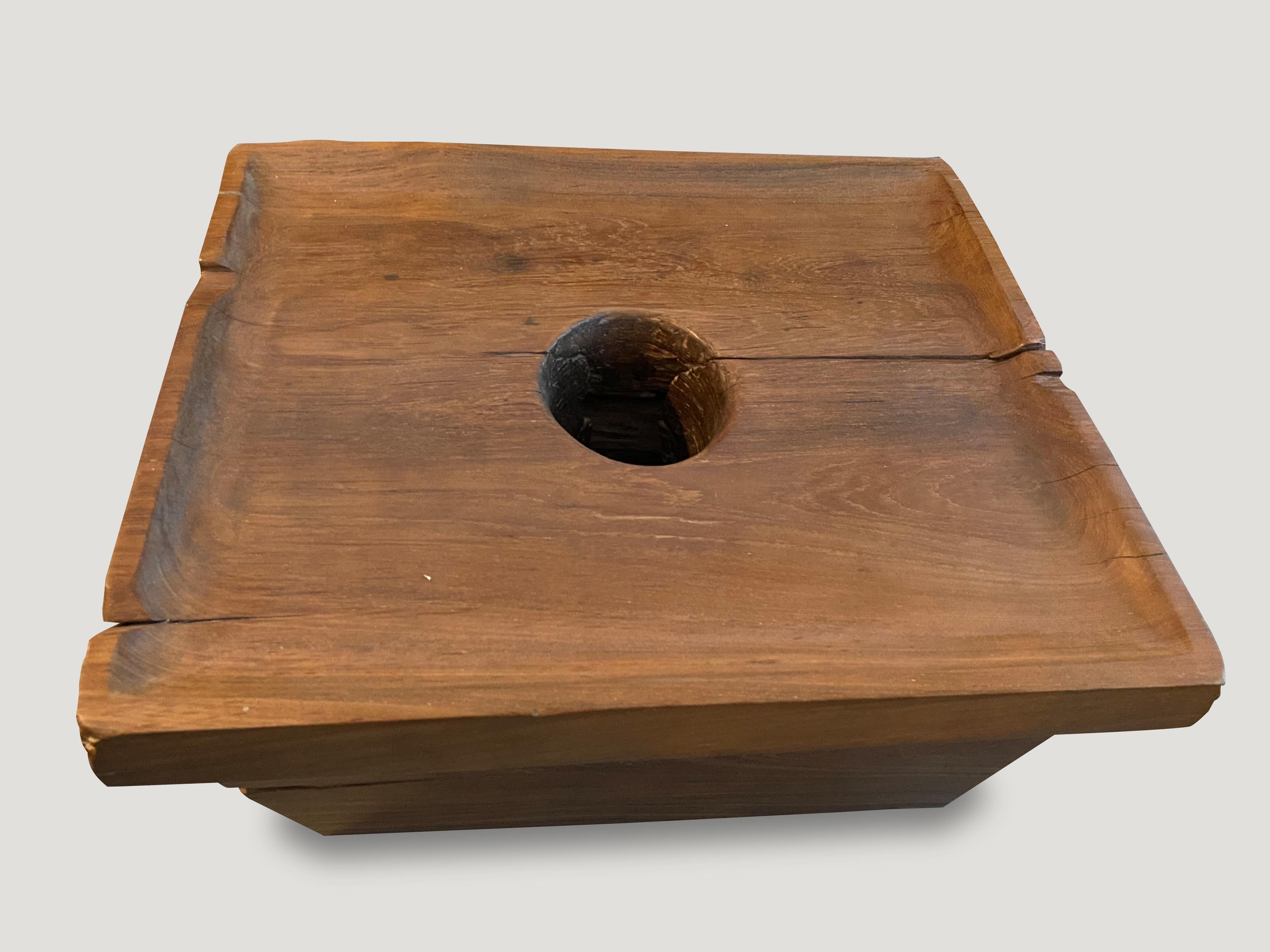 Originally used as a traditional rice pounder; beautiful teak wood whilst respecting the cracks and crevices and all the other marks that time and loving use have left behind.

This coffee table was sourced in the spirit of wabi-sabi, a Japanese