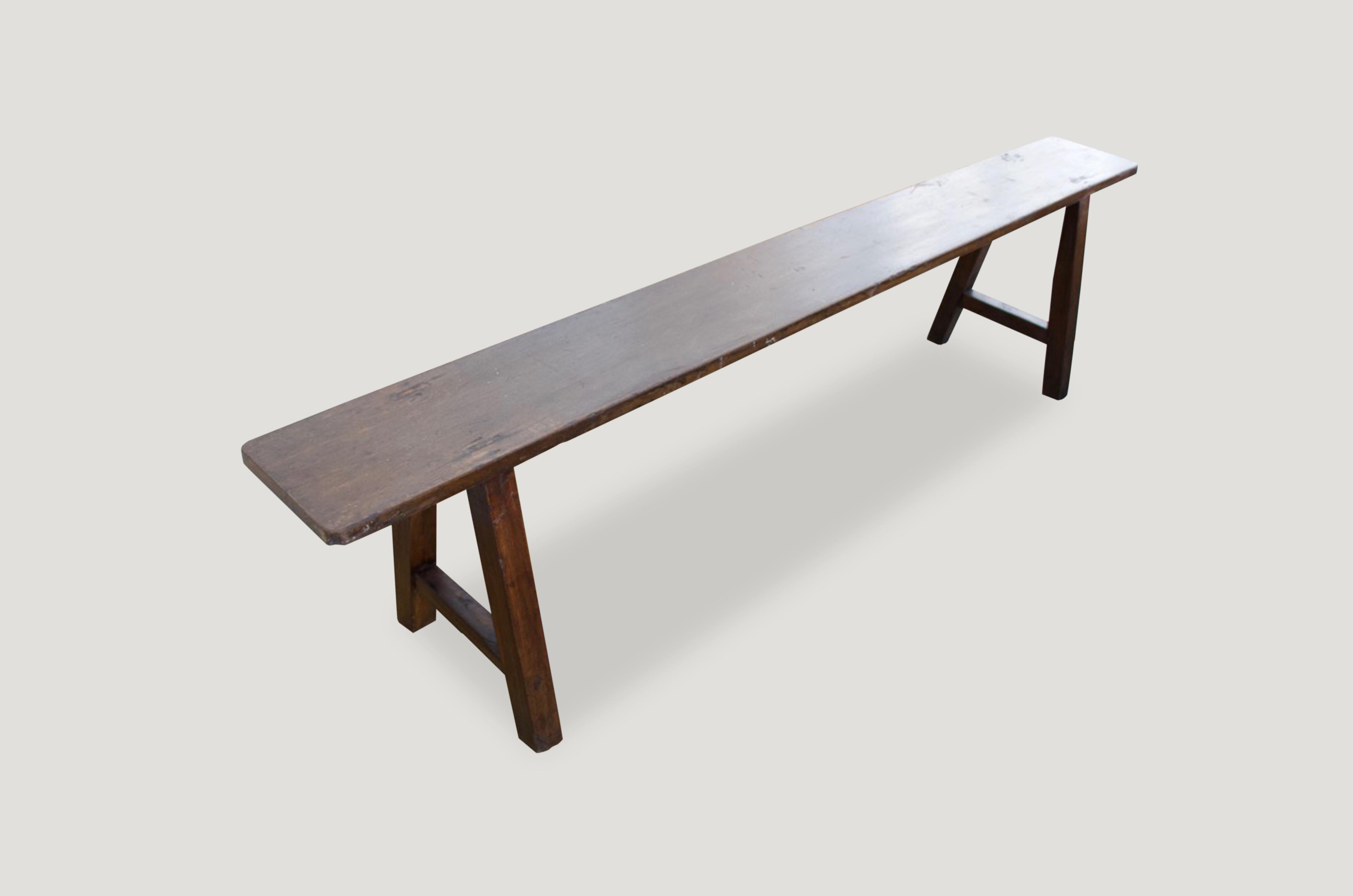 Antique bench or this can also be used as a shelf. Perfect for inside or outside living.

This teak bench was sourced in the spirit of wabi-sabi, a Japanese philosophy that beauty can be found in imperfection and impermanence. It’s a beauty of