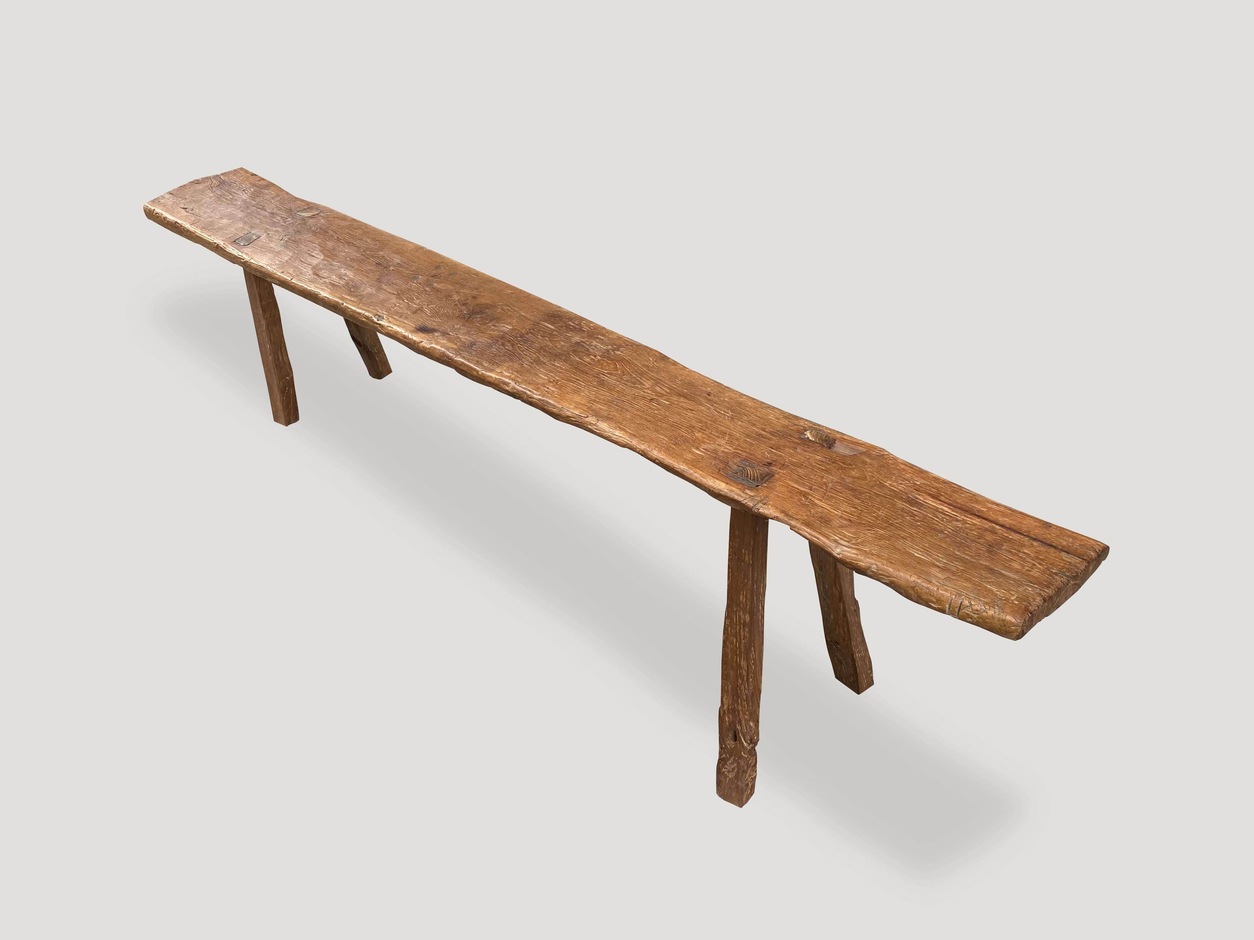 Antique wabi sabi bench made from a single reclaimed teak panel. Perfection is imperfection.

This bench was sourced in the spirit of wabi-sabi, a Japanese philosophy that beauty can be found in imperfection and impermanence. It is a beauty of