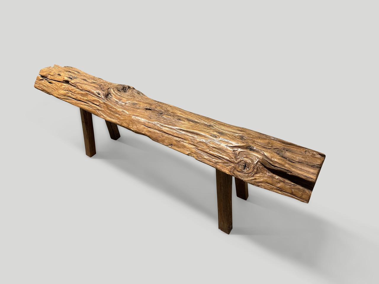 Andrianna Shamaris Antique Teak Wood Log Style Bench In Excellent Condition For Sale In New York, NY