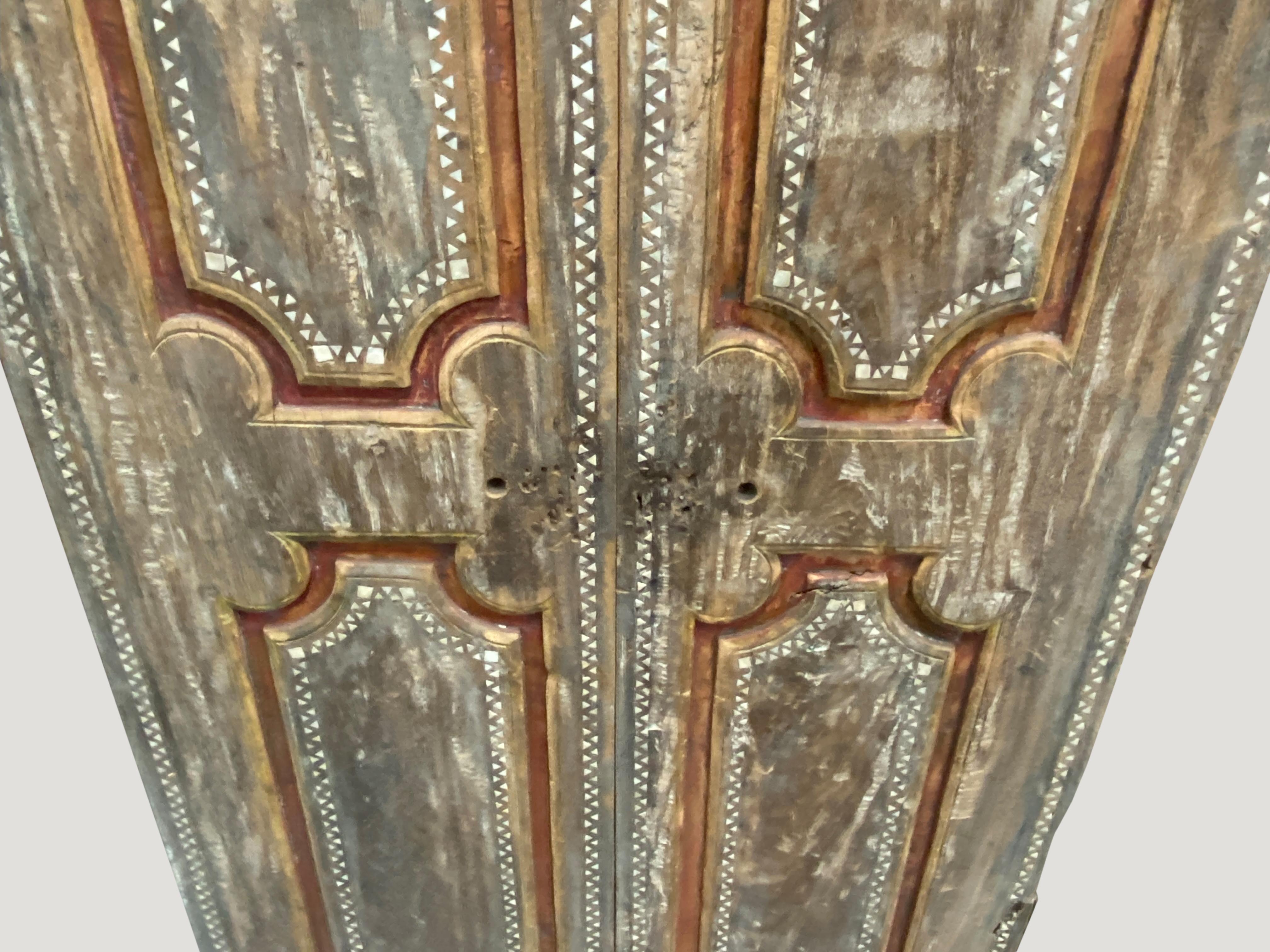 Primitive Antique Teak Wood Temple Door with Shell Inlay For Sale