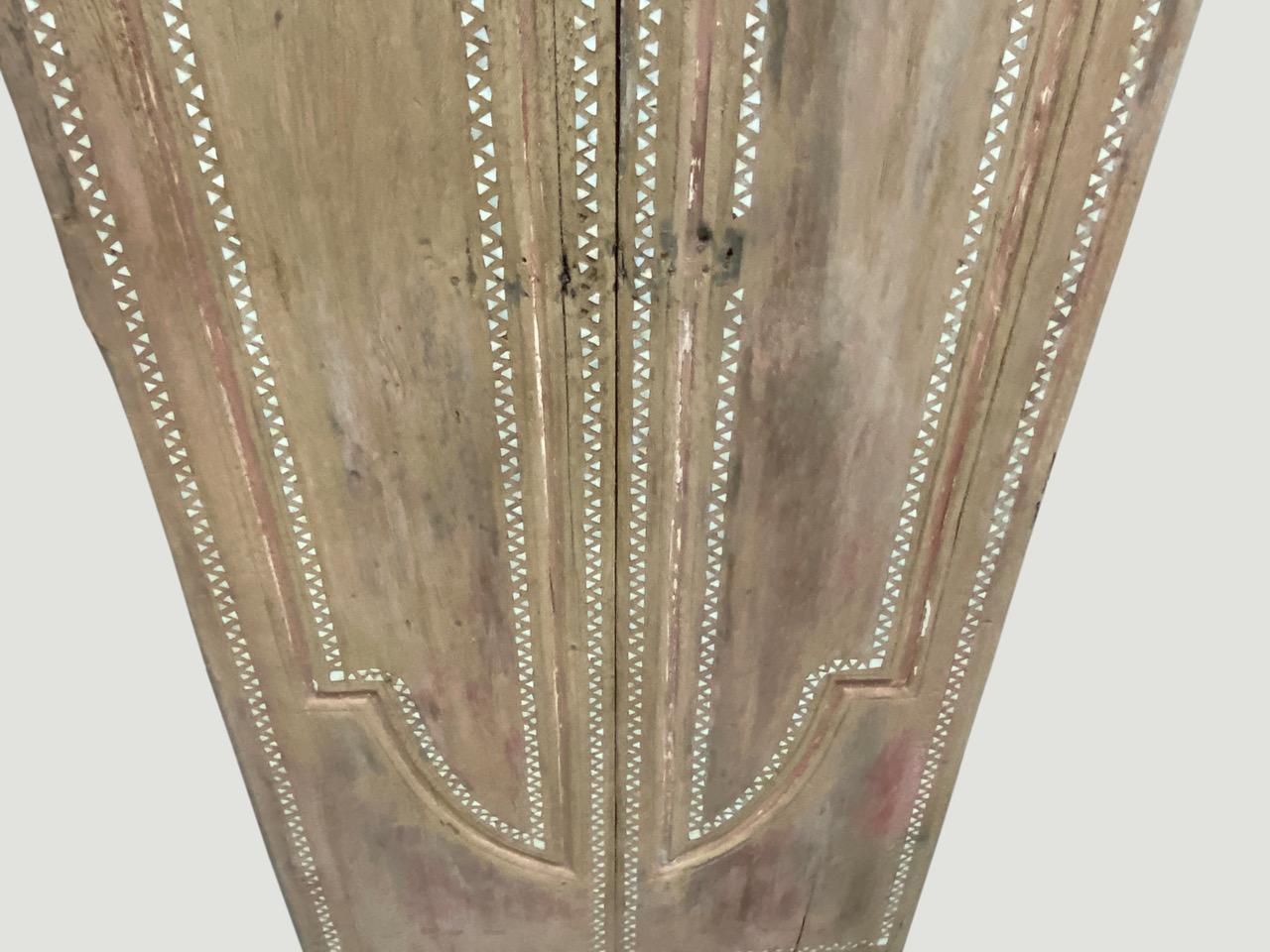 Primitive Antique Teak Wood Temple Door with Shell Inlay For Sale