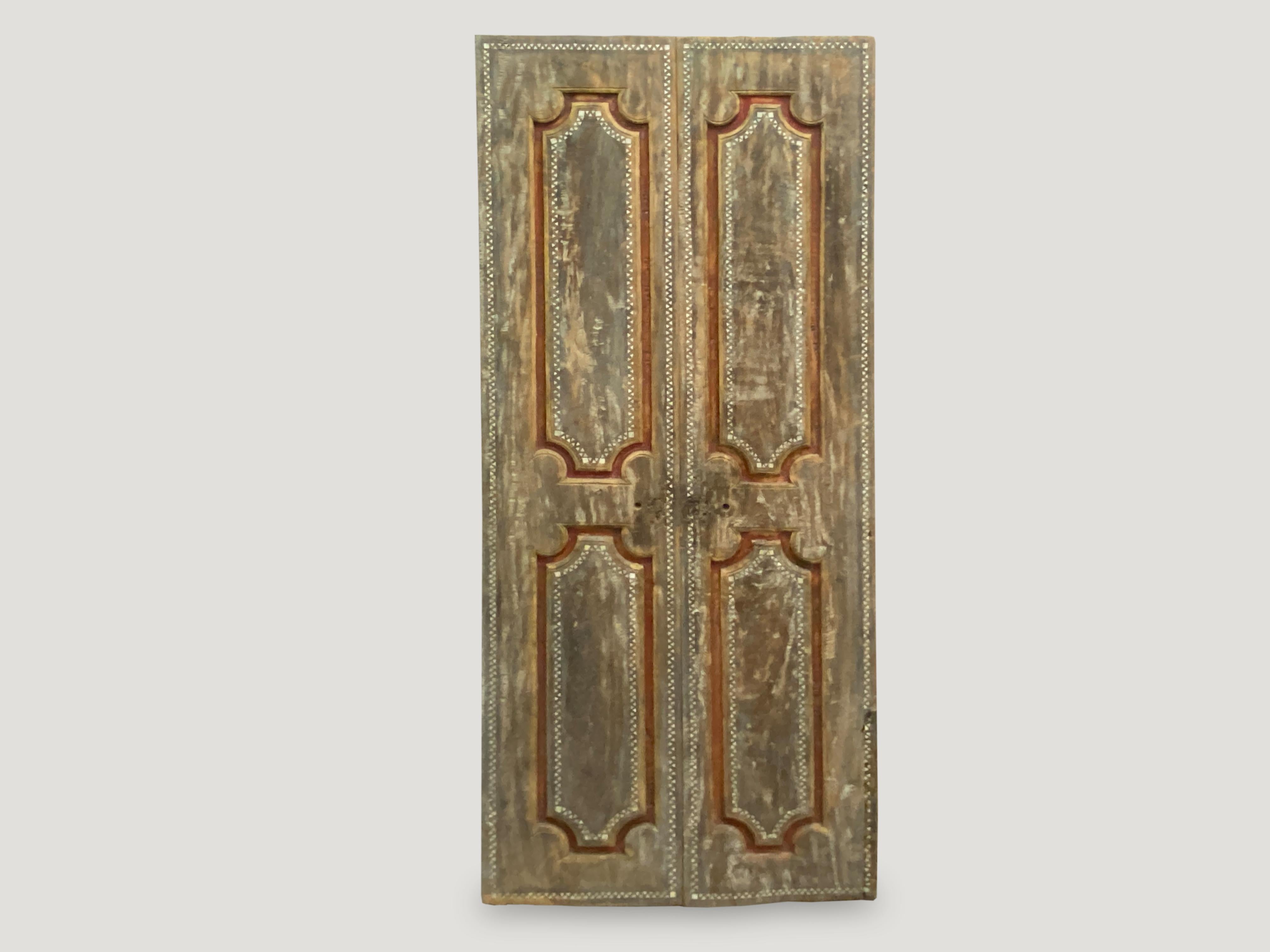 Andrianna Shamaris Antique Teak Wood Temple Door with Shell Inlay In Good Condition For Sale In New York, NY