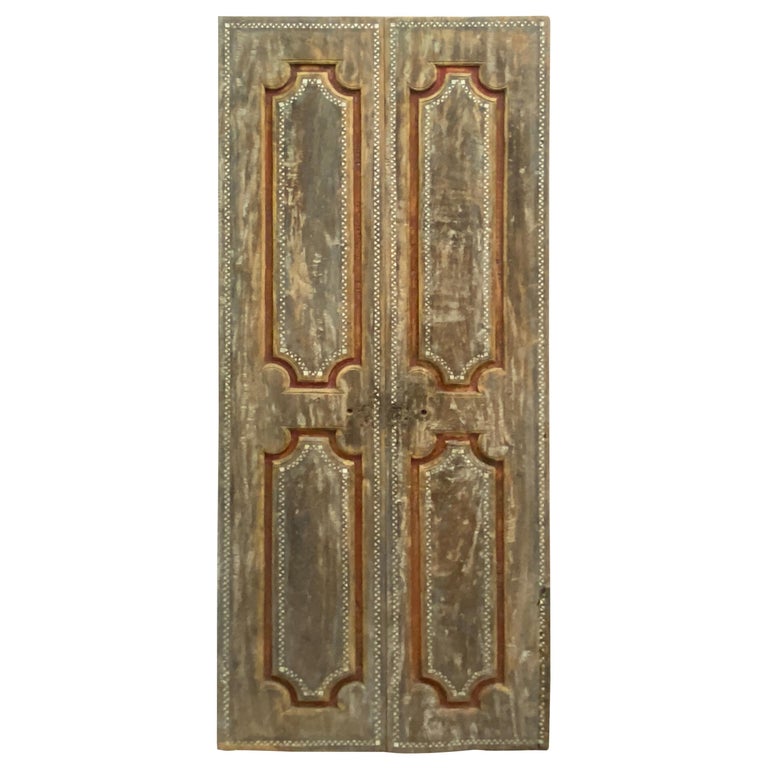Andrianna Shamaris Antique Teak Wood Temple Door with Shell Inlay For Sale