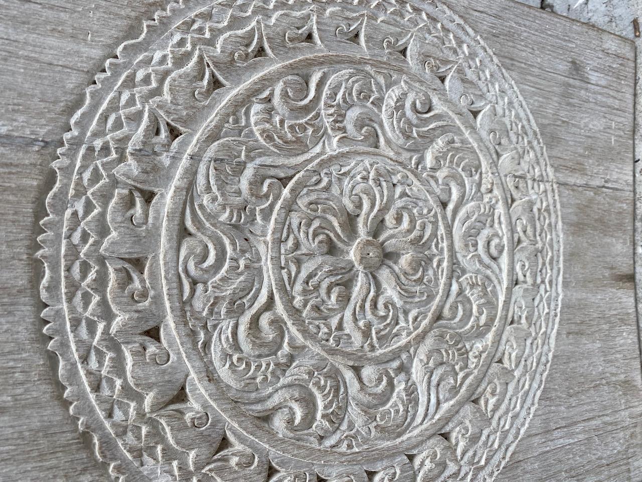 Antique hand carved merbau wood panel from Lampung, Sumatra. We have a collection in various sizes all white washed. Please inquire. The size and price reflect the one shown. Stunning on both sides.

This panel was sourced in the spirit of wabi