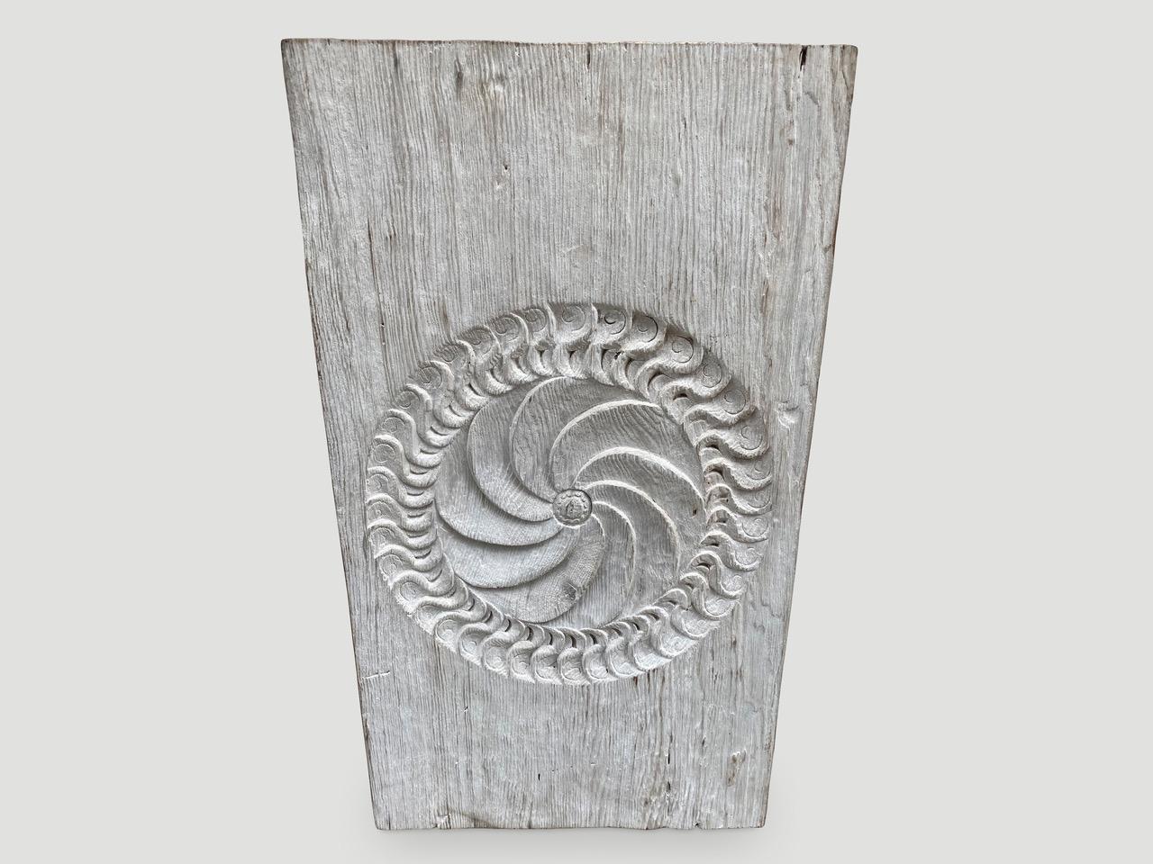 Antique hand carved merbau wood panel from Lampung, Sumatra. We have a collection in various sizes all white washed. Please inquire. The size and price reflect the one shown. Stunning on both sides.

This panel was sourced in the spirit of wabi