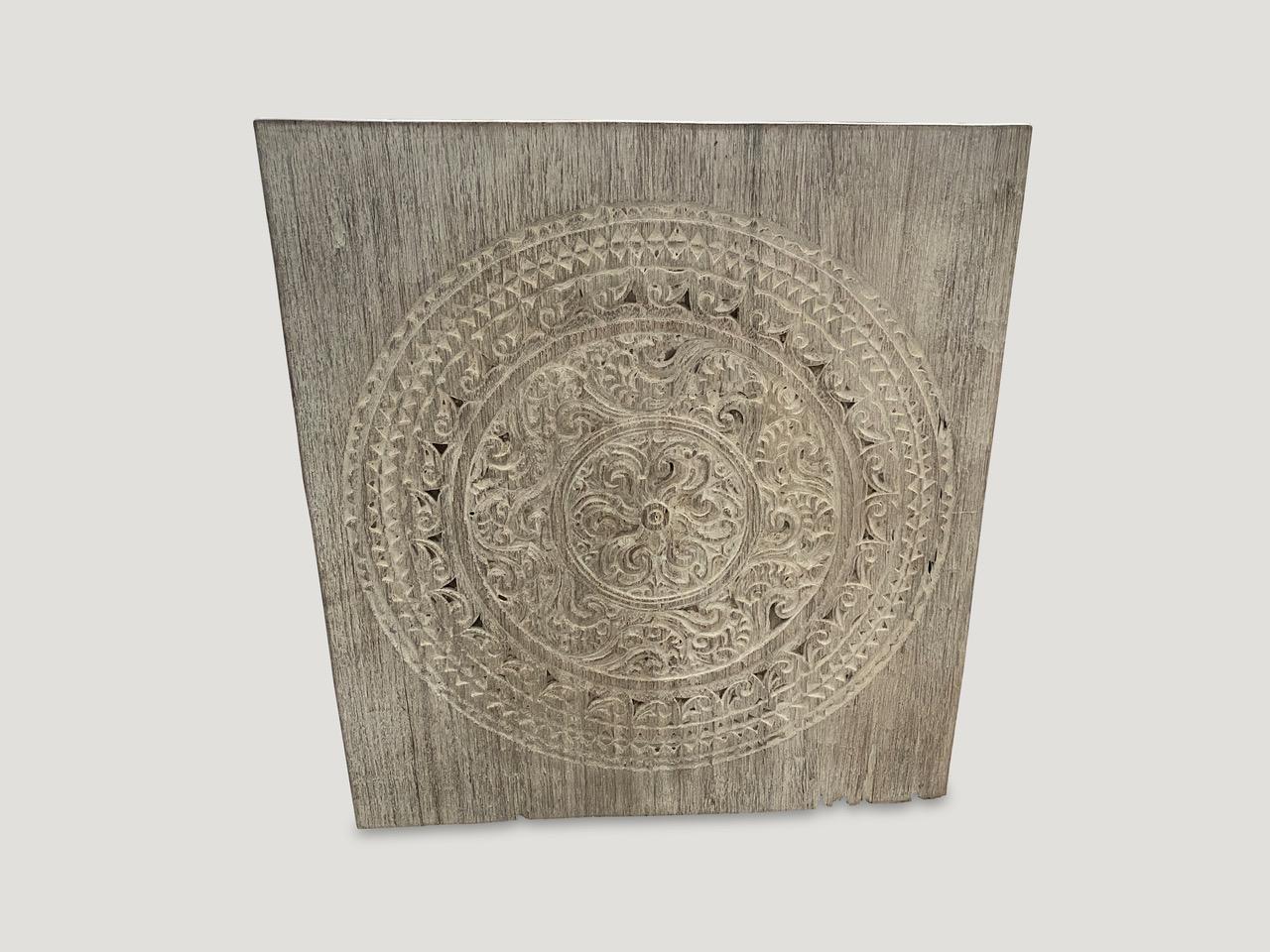 Primitive Andrianna Shamaris Antique White Washed Merbau Wood Carved Panel For Sale