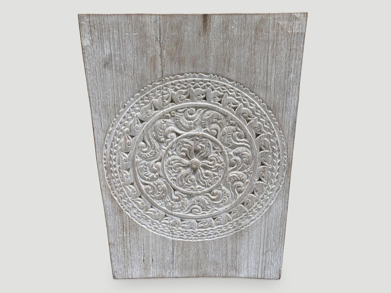 Indonesian Andrianna Shamaris Antique White Washed Merbau Wood Carved Panel