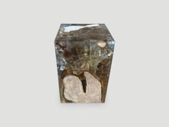 Andrianna Shamaris Aqua Cracked Resin and Polished Teak Wood Side Table
