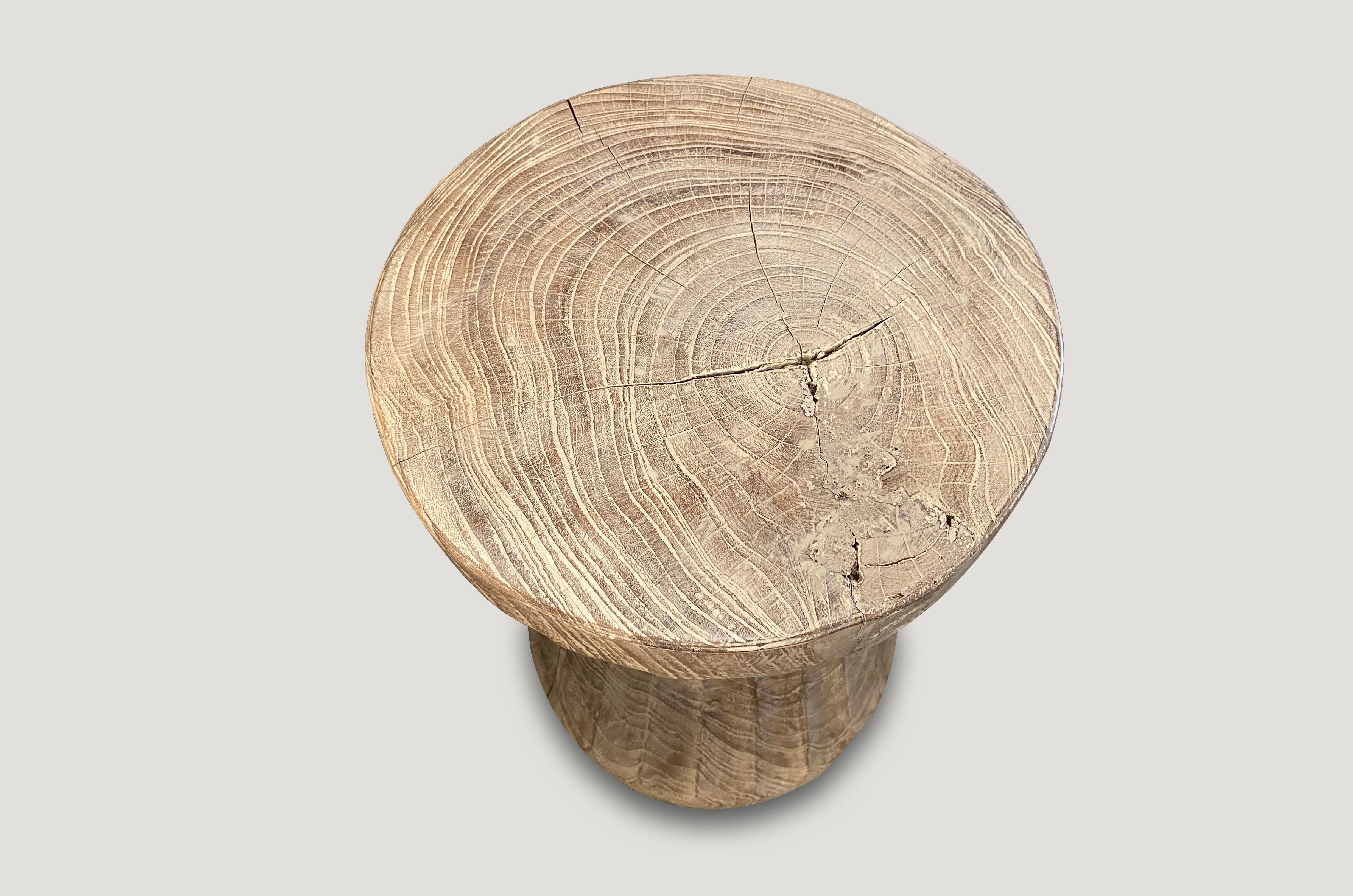 Hand carved bevelled teak side table or stool that celebrates cracks and crevices found in reclaimed teak wood. Please scroll down to the last image which we produced for 1Hotel Miami Beach. Perfect for inside or outside living. Custom stains