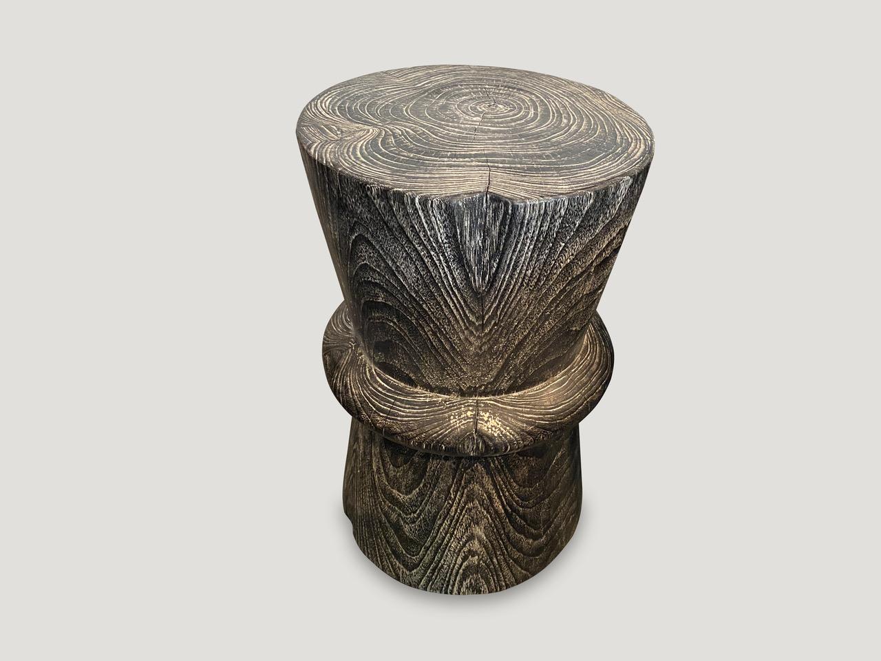 Andrianna Shamaris Black and White Charred Teak Wood Side Table In Excellent Condition In New York, NY