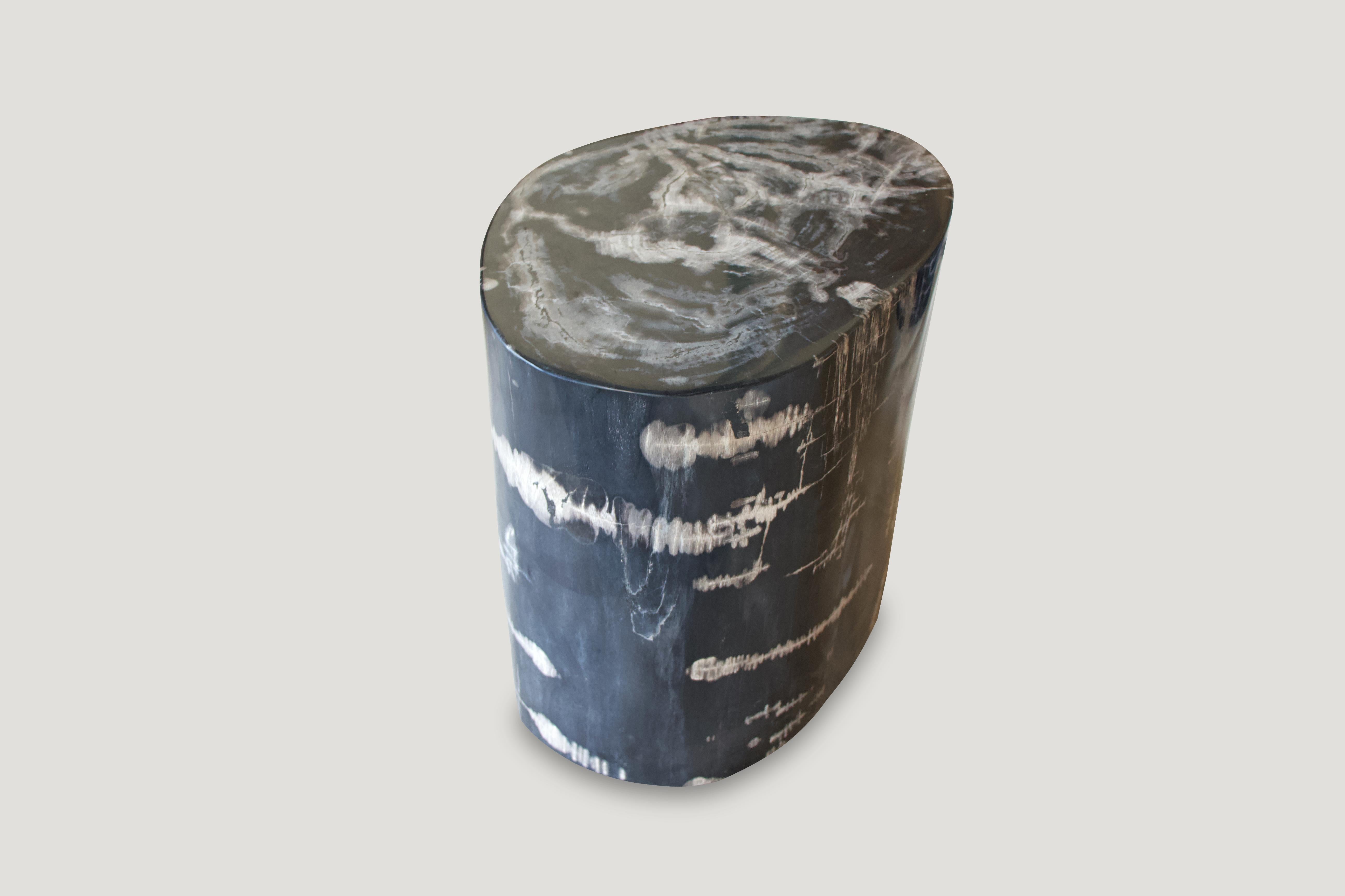 Stunning, black and white, high quality petrified wood side table. It’s fascinating how mother nature produces these stunning 40 million year old petrified teak logs with such contrasting colors with natural patterns throughout. Modern yet with so