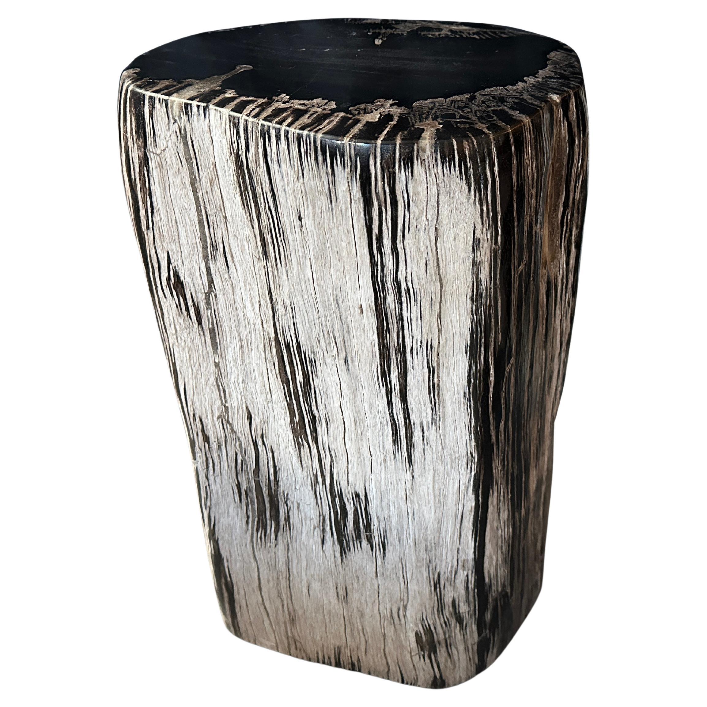 Andrianna Shamaris Black and White Petrified Wood Side Table or Pedestal For Sale