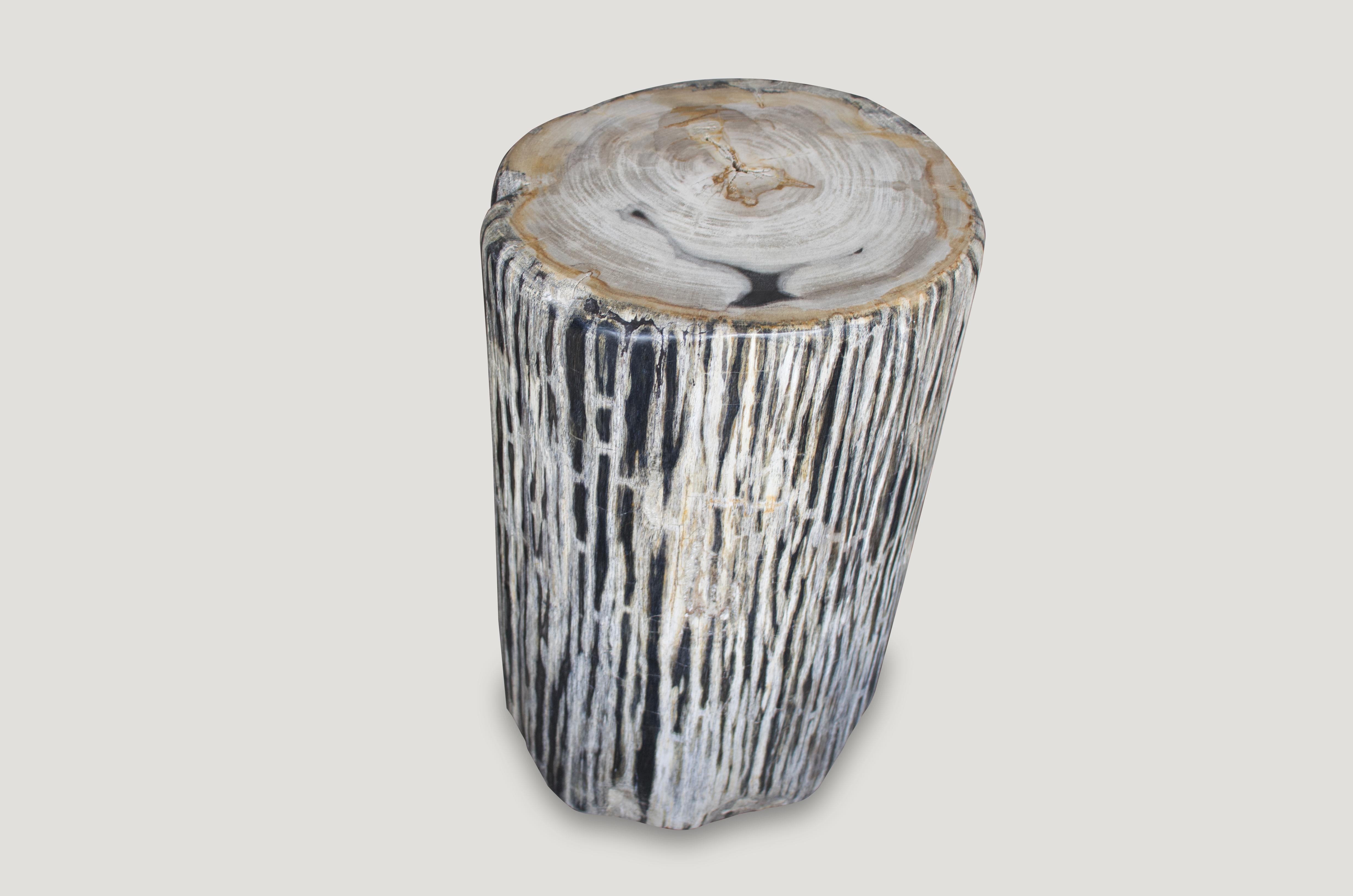 Andrianna Shamaris Black and White Stripe Petrified Wood Side Table In Excellent Condition In New York, NY
