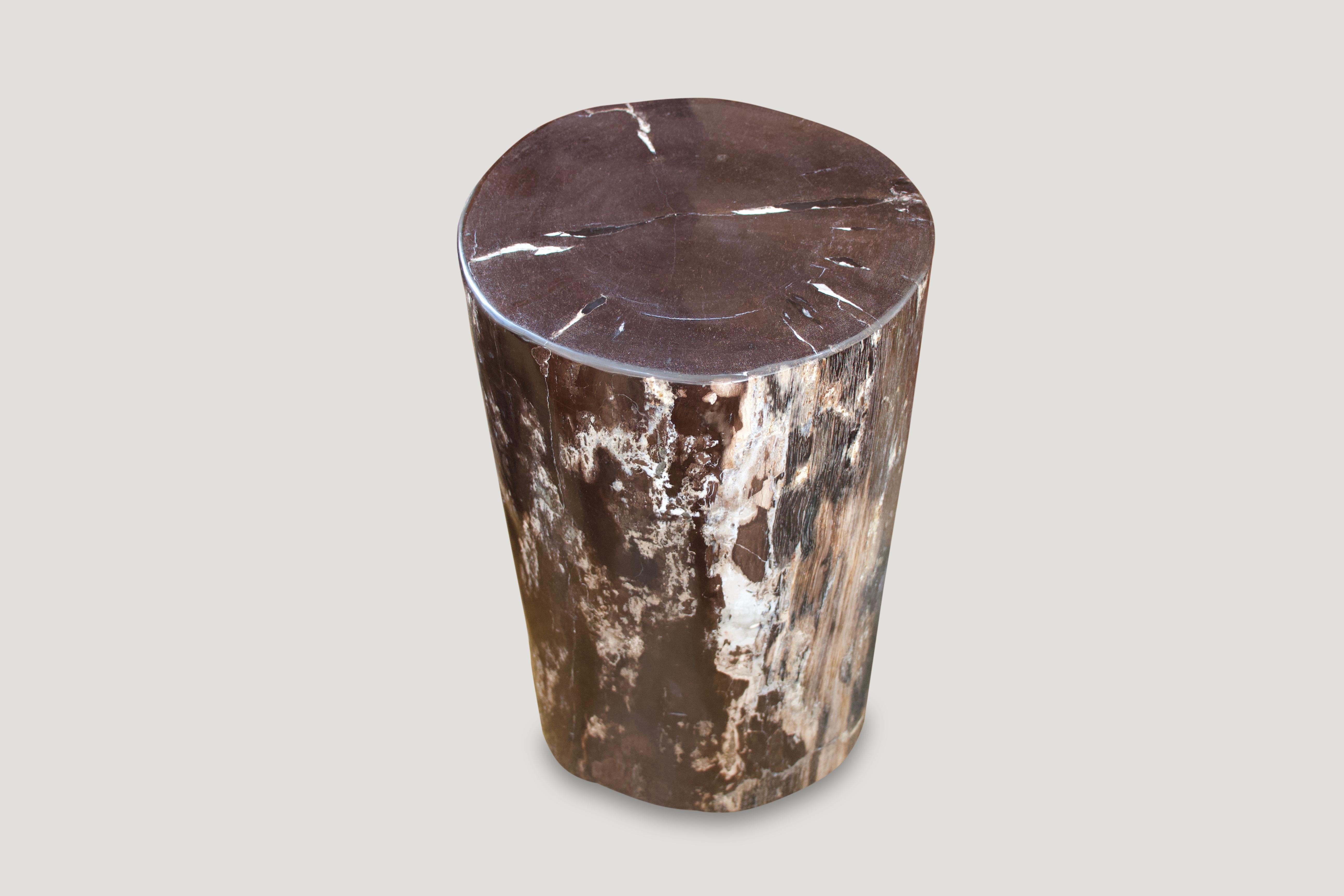 Fabulous black, green and white petrified wood side table. Over 40 million years old, yet so modern when these fossilized petrified logs are polished and when the logs sourced are in this very special contrasting color tone. We have a collection all