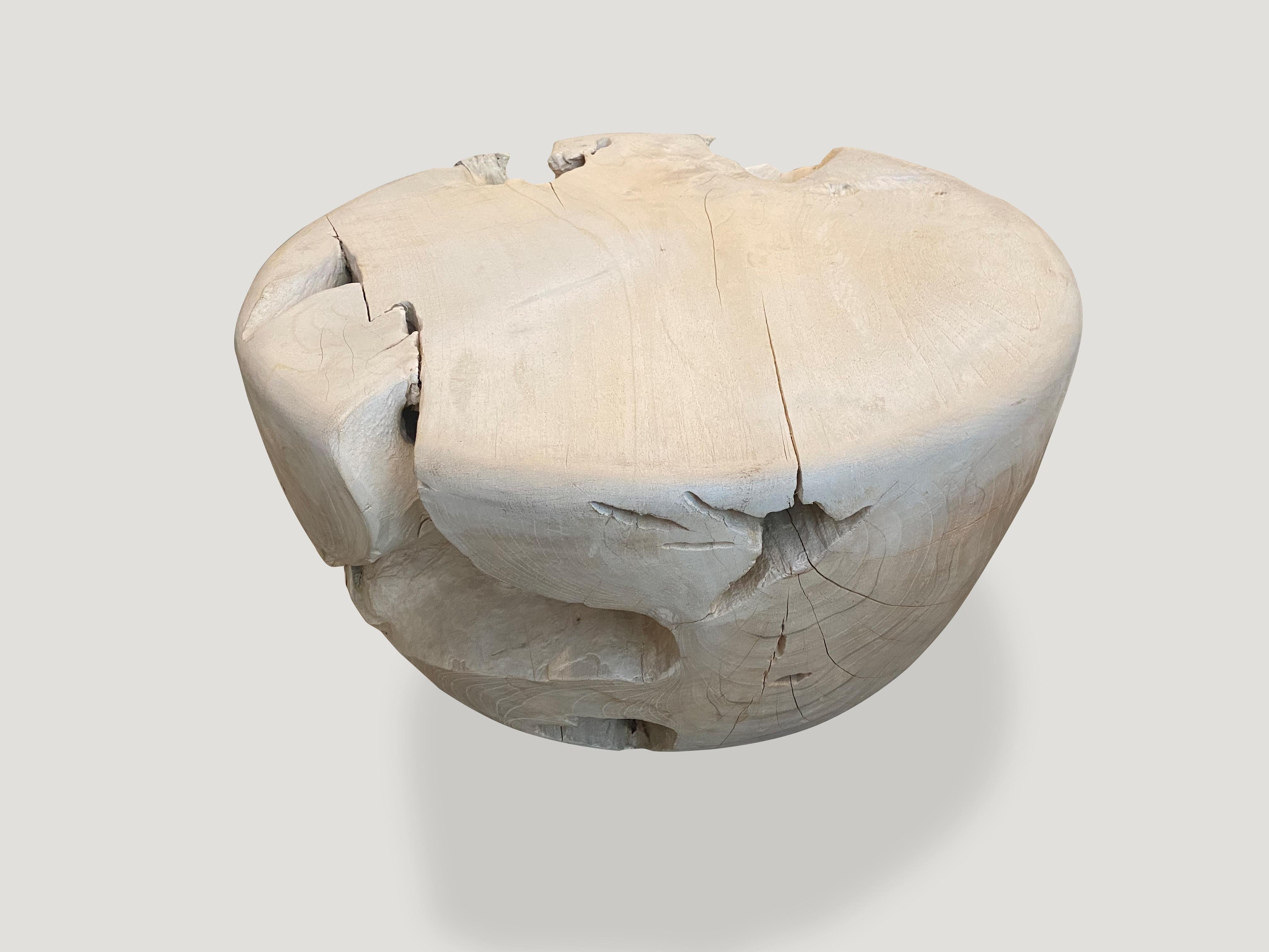 Reclaimed teak root coffee table. Hand carved into a beautiful drum shape from a single piece of reclaimed teak wood and bleached with a smooth finish whilst respecting the natural organic wood. Organic is the new modern.

The St. Barts Collection