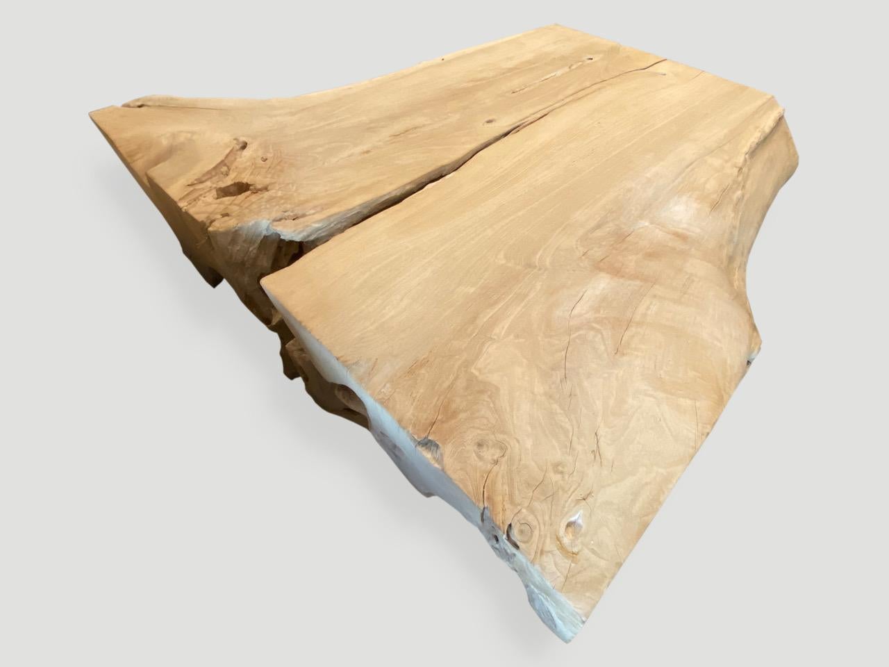 Impressive single root, reclaimed bleached teak wood coffee table.

The St. Barts Collection features an exciting new line of organic bleached, white wash and natural weathered teak furniture. The reclaimed teak is bleached and left to bake in the