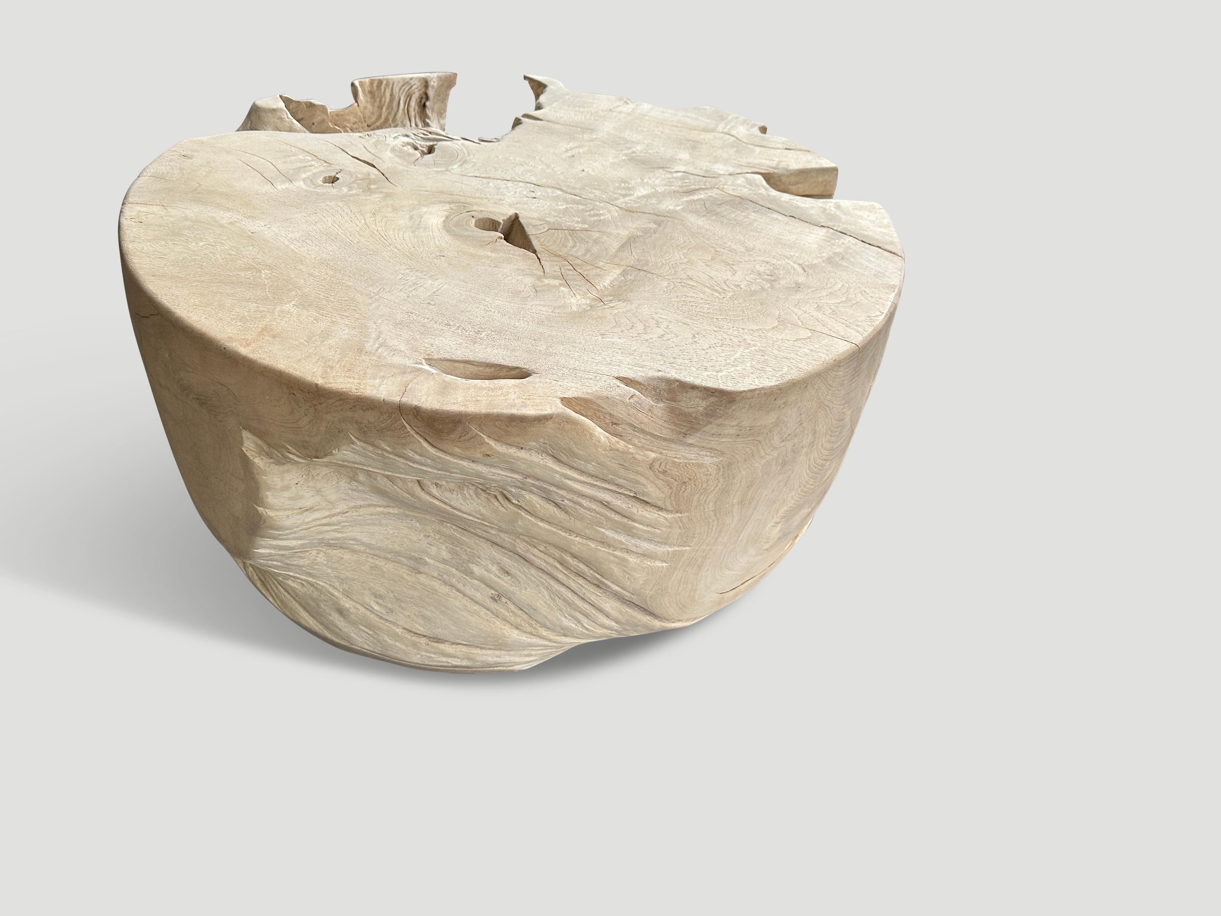 Reclaimed teak root coffee table hand carved into a drum shape whilst respecting the natural organic wood. We added a light white wash finish revealing the beautiful wood grain.

The St. Barts Collection features an exciting line of organic white