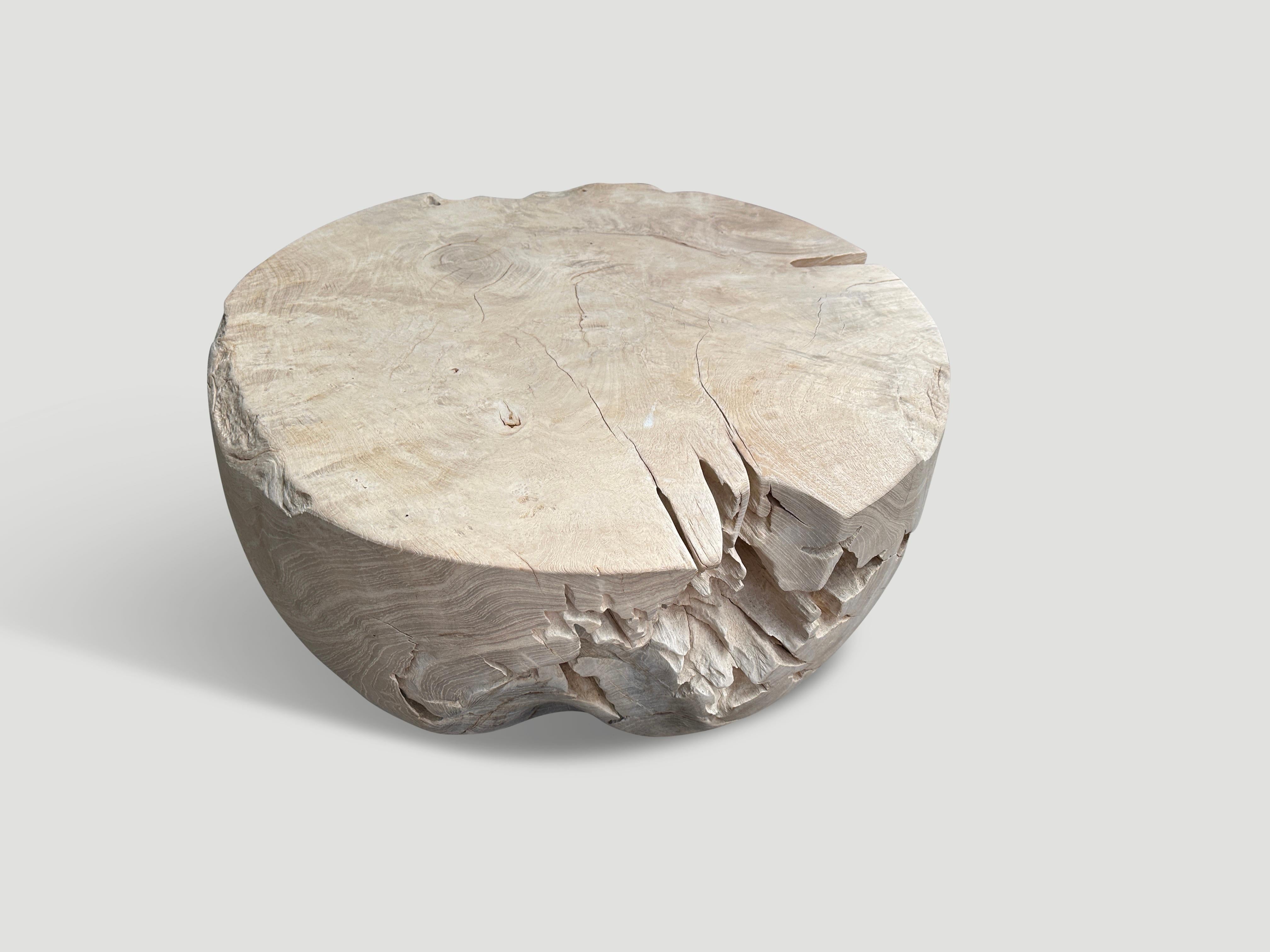 Reclaimed teak root coffee table hand carved into a drum shape whilst respecting the natural organic wood. We added a light white wash revealing the beautiful wood grain.

The St. Barts Collection features an exciting line of organic white wash,