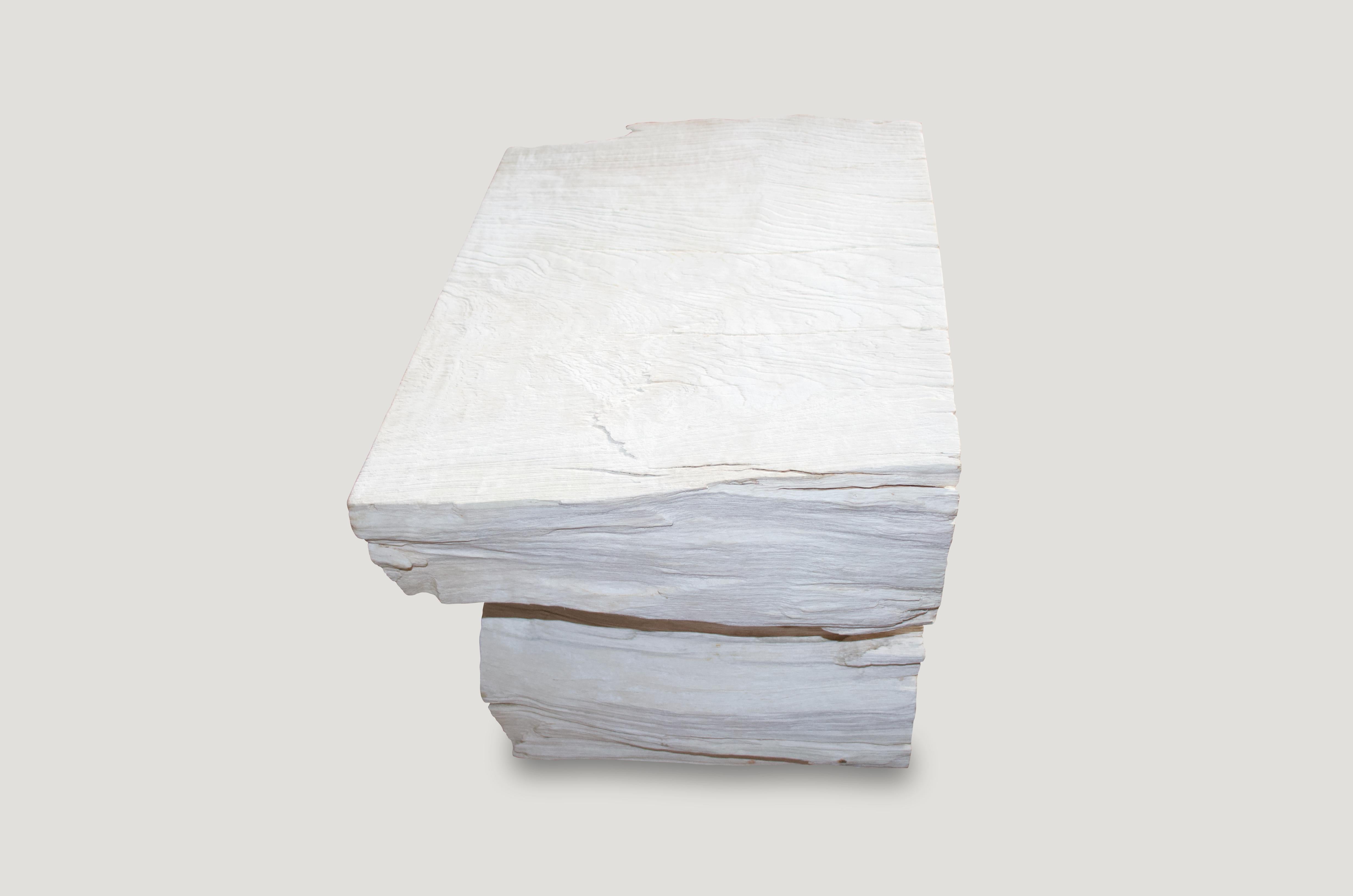 Reclaimed bleached teak wood organic coffee table or side table with beautiful erosion on the ends. Perfect for inside or outside living.

The St. Barts collection features an exciting new line of organic white wash, bleached and natural weathered