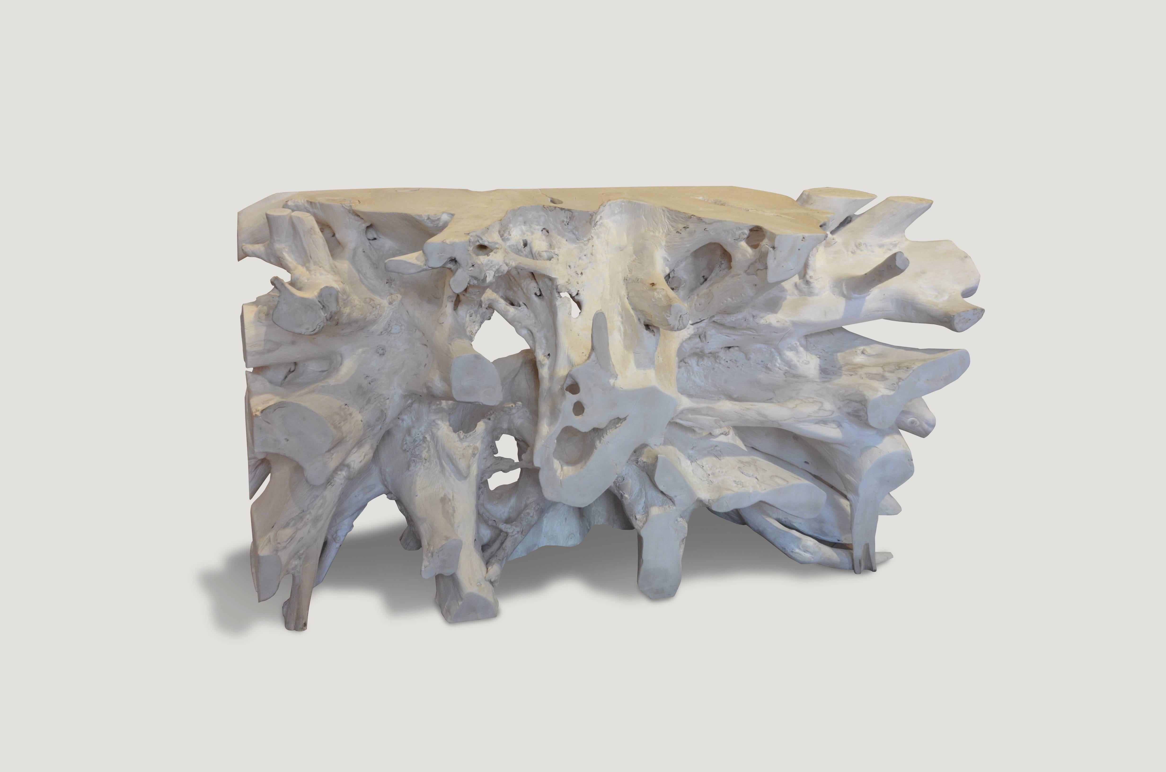 Natural organic formed bleached console or coffee table made from a hundred year old reclaimed teak wood root. Fabulous on both sides. Glass or Lucite can be added on the top section or also if turned flat as a coffee table on either side. Organic