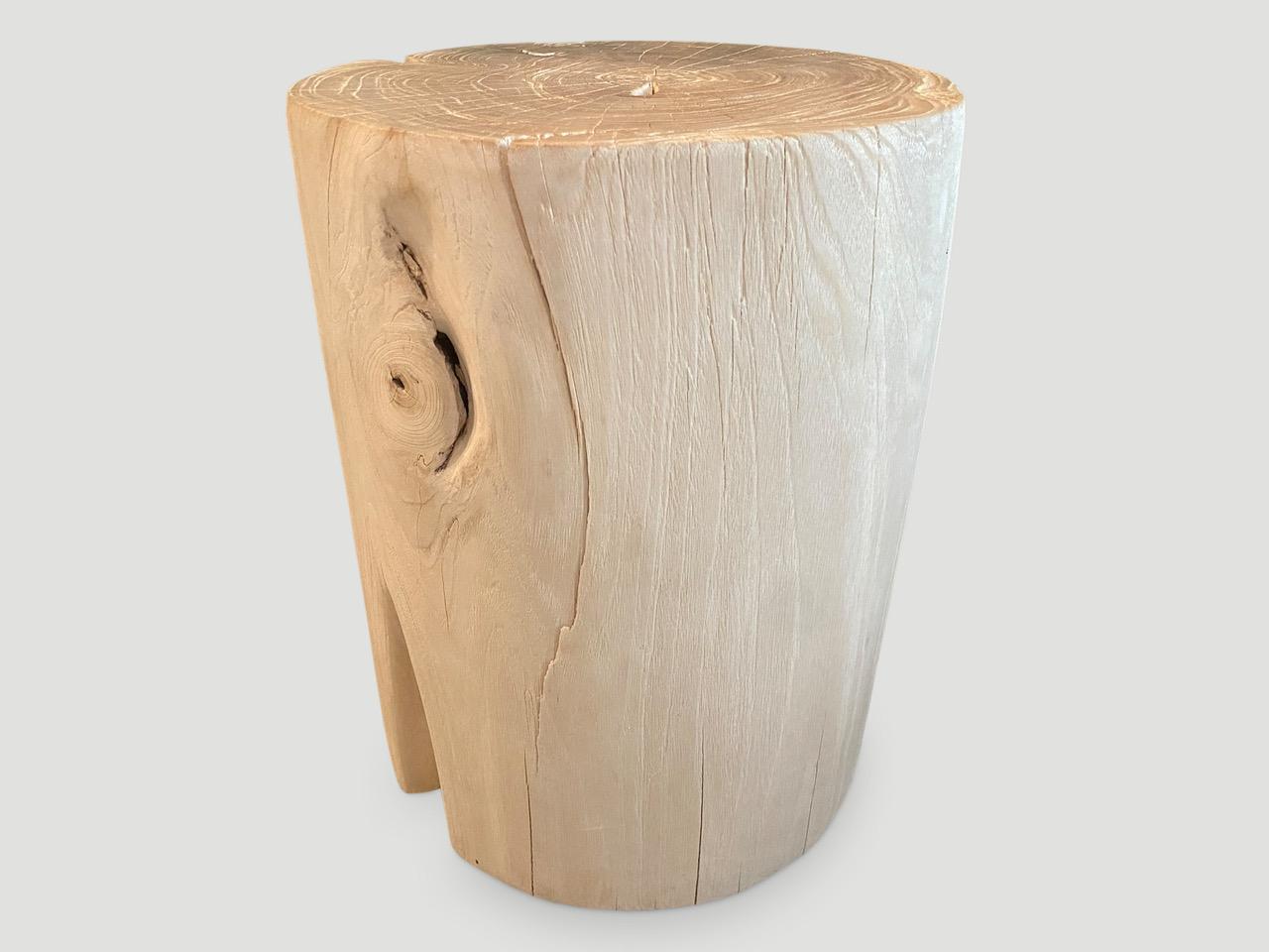 Reclaimed teak wood cylinder side table or stool. Bleached and hand carved into a minimalist cylinder whilst respecting the natural organic wood. Also available charred. Please inquire. We have a collection.

The St. Barts Collection features an